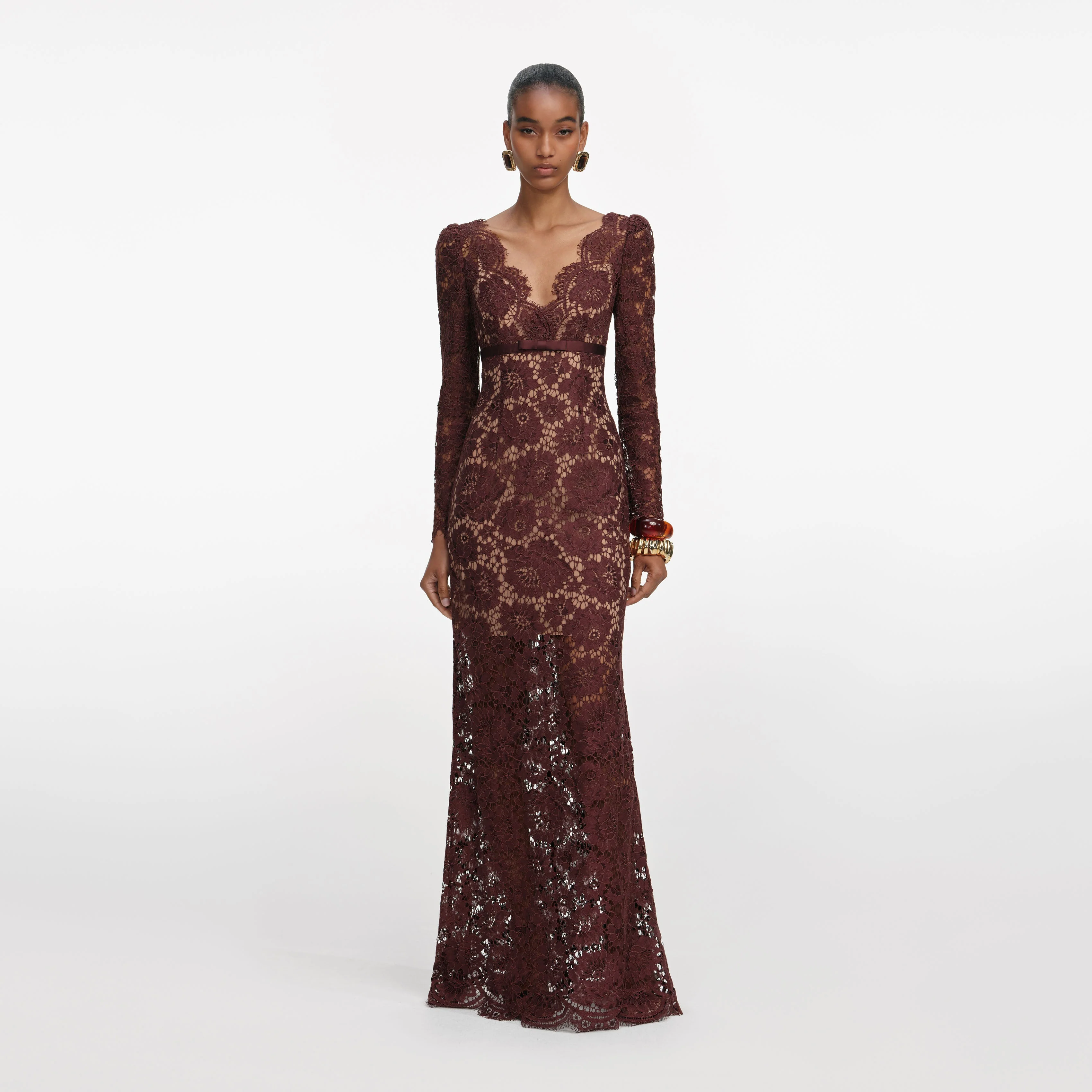 Brown Floral Lace Maxi Dress