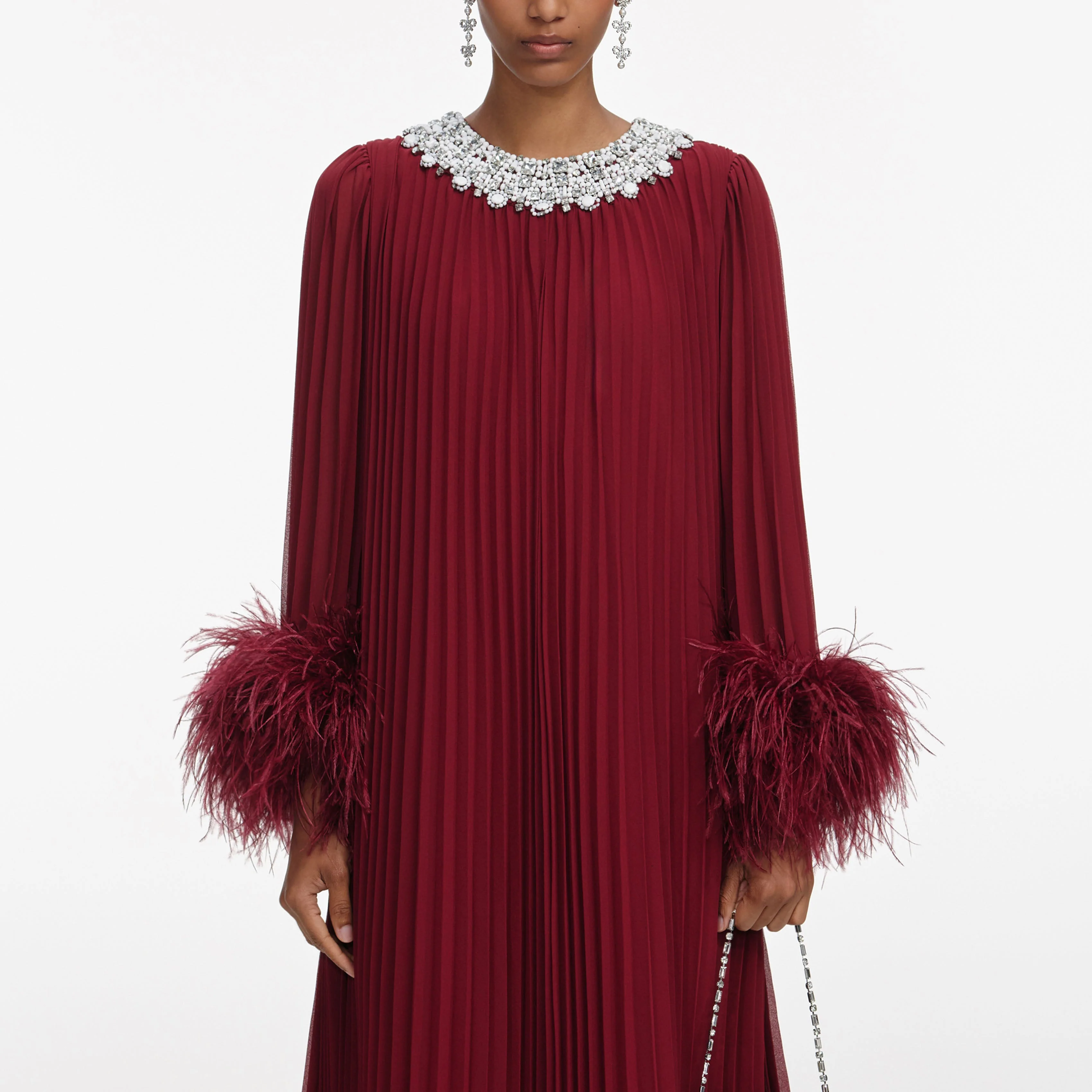 Burgundy Chiffon Feather Midi Dress - Image 4
