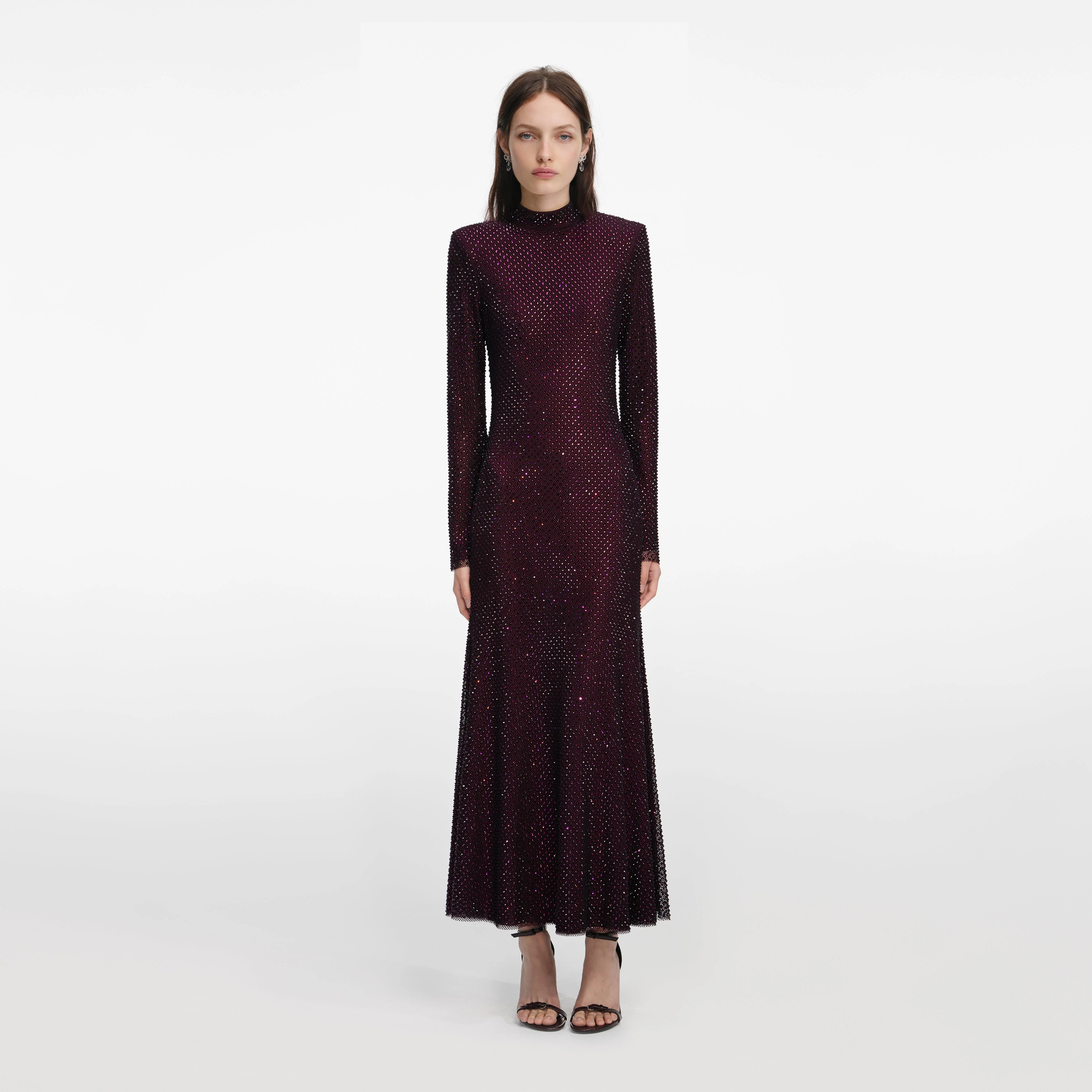 Burgundy Rhinestone Fishnet Midi Dress