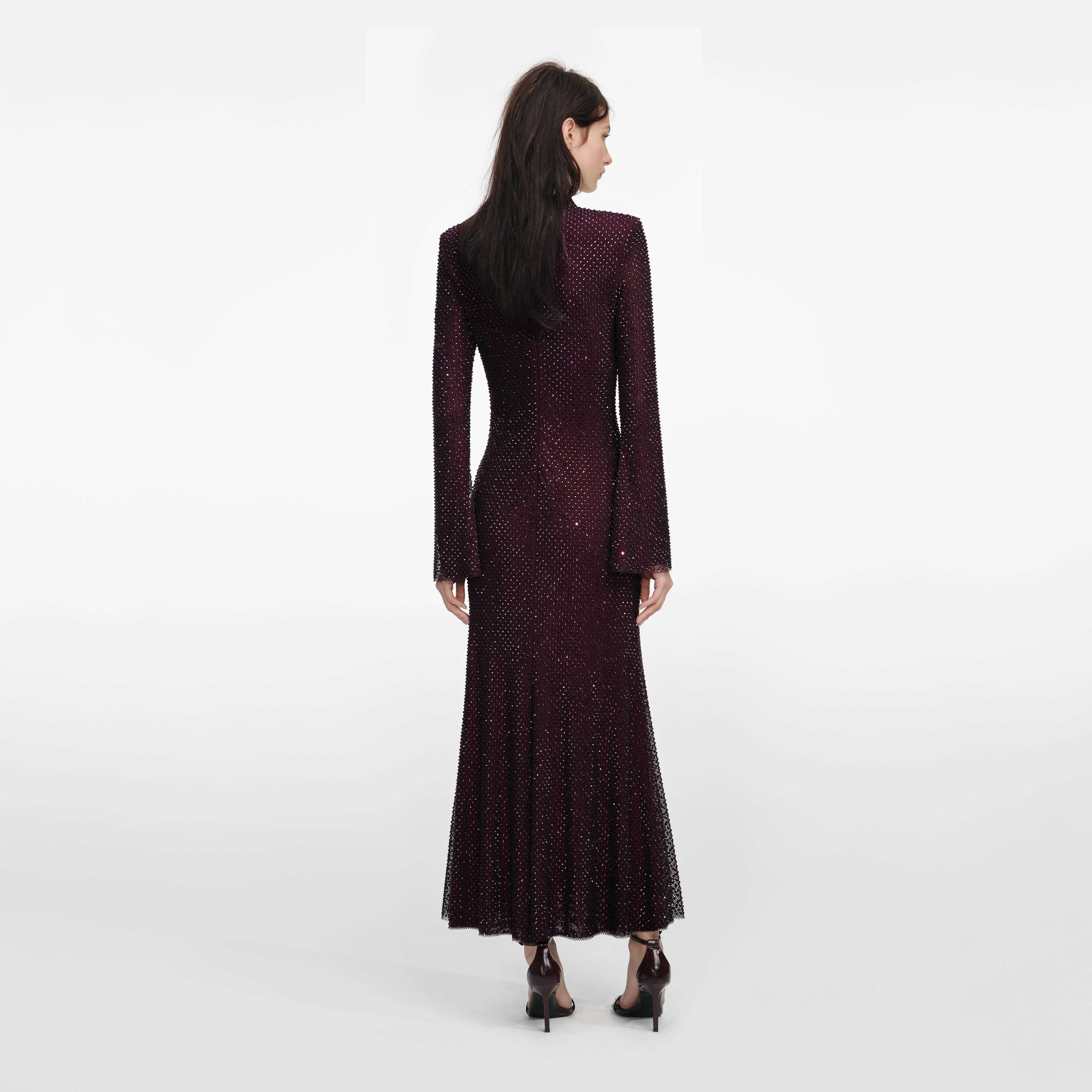Burgundy Rhinestone Fishnet Midi Dress - Image 3