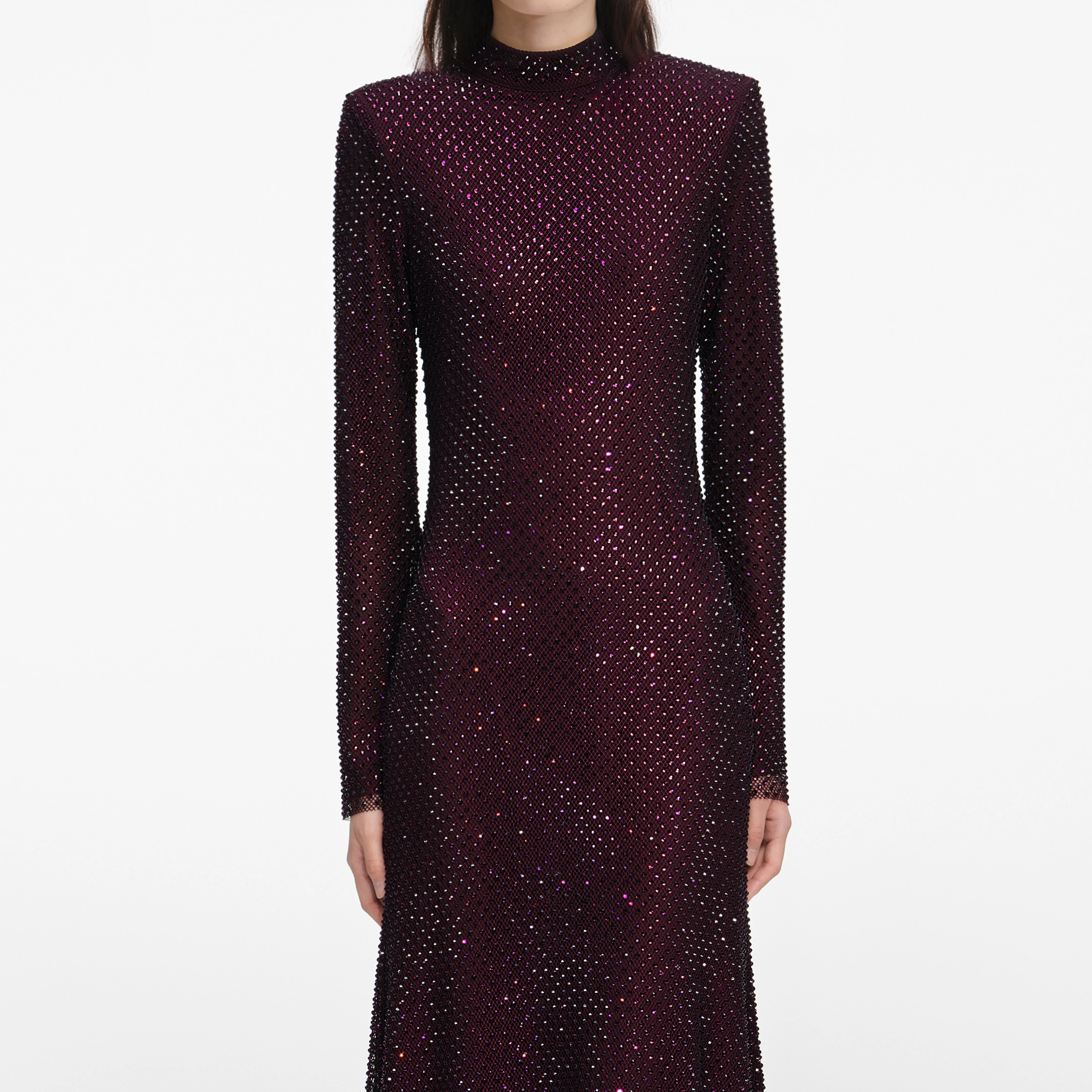 Burgundy Rhinestone Fishnet Midi Dress - Image 4