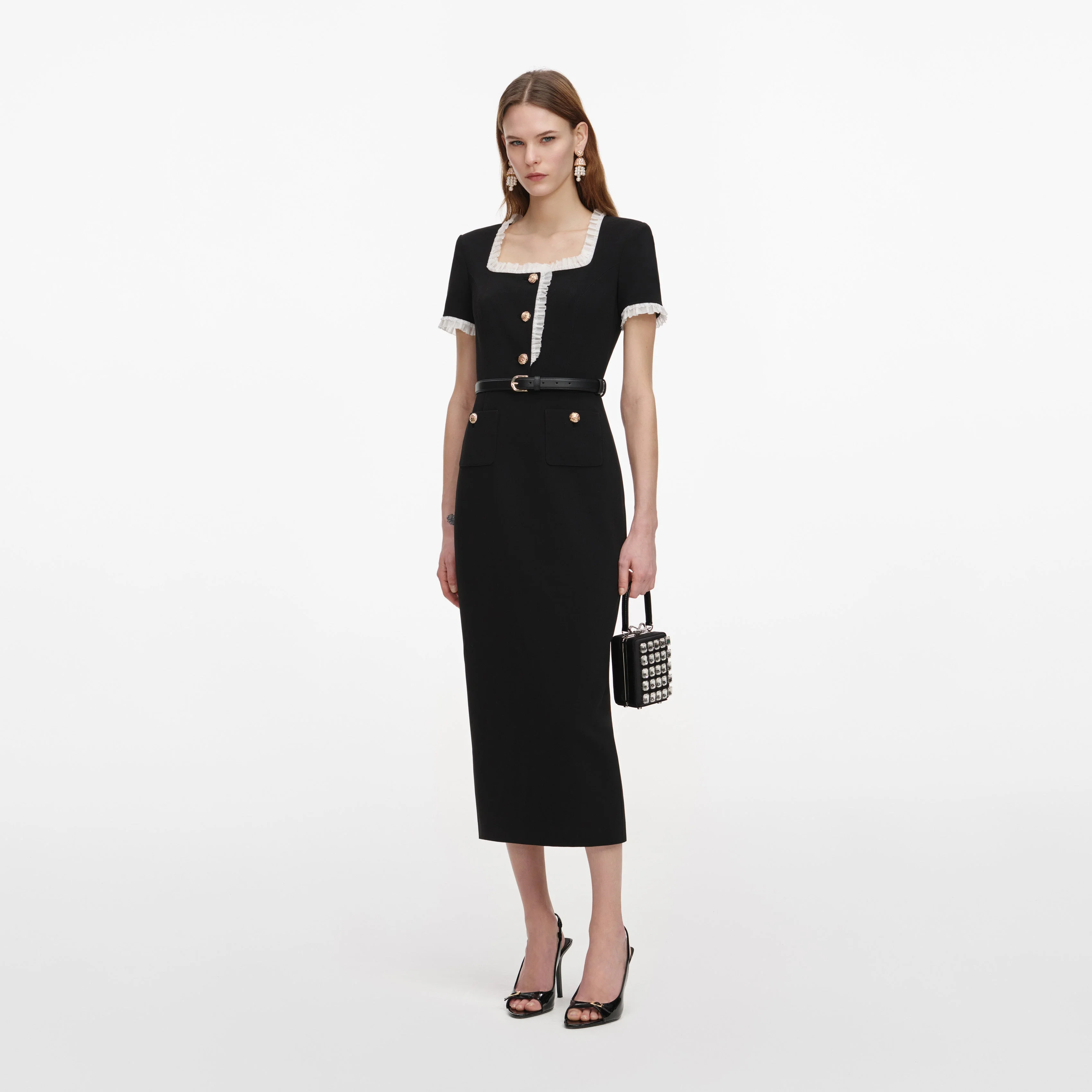 Black Crepe Contrast Frill Midi Dress - Image 2