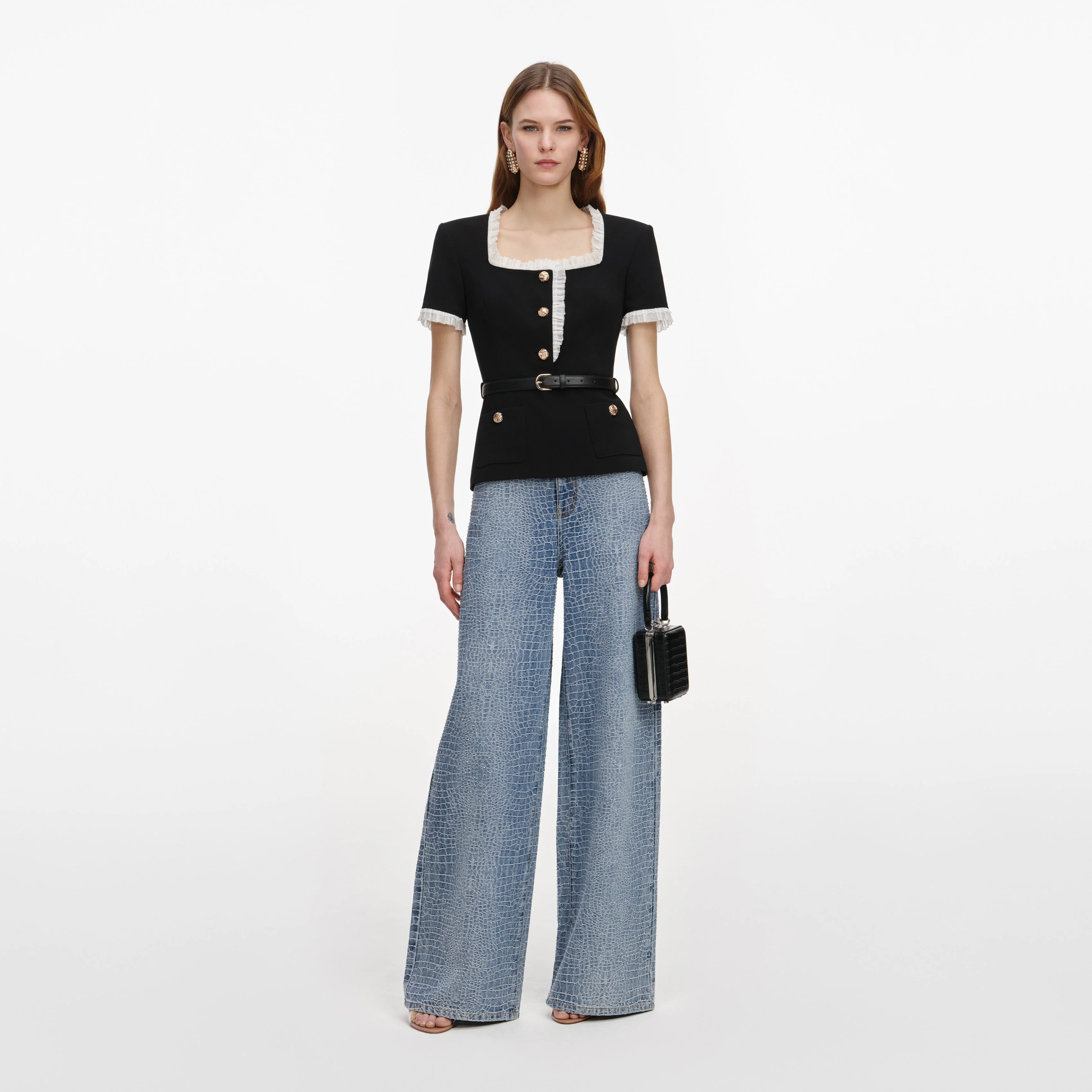 Black Crepe Contrast Frill Top