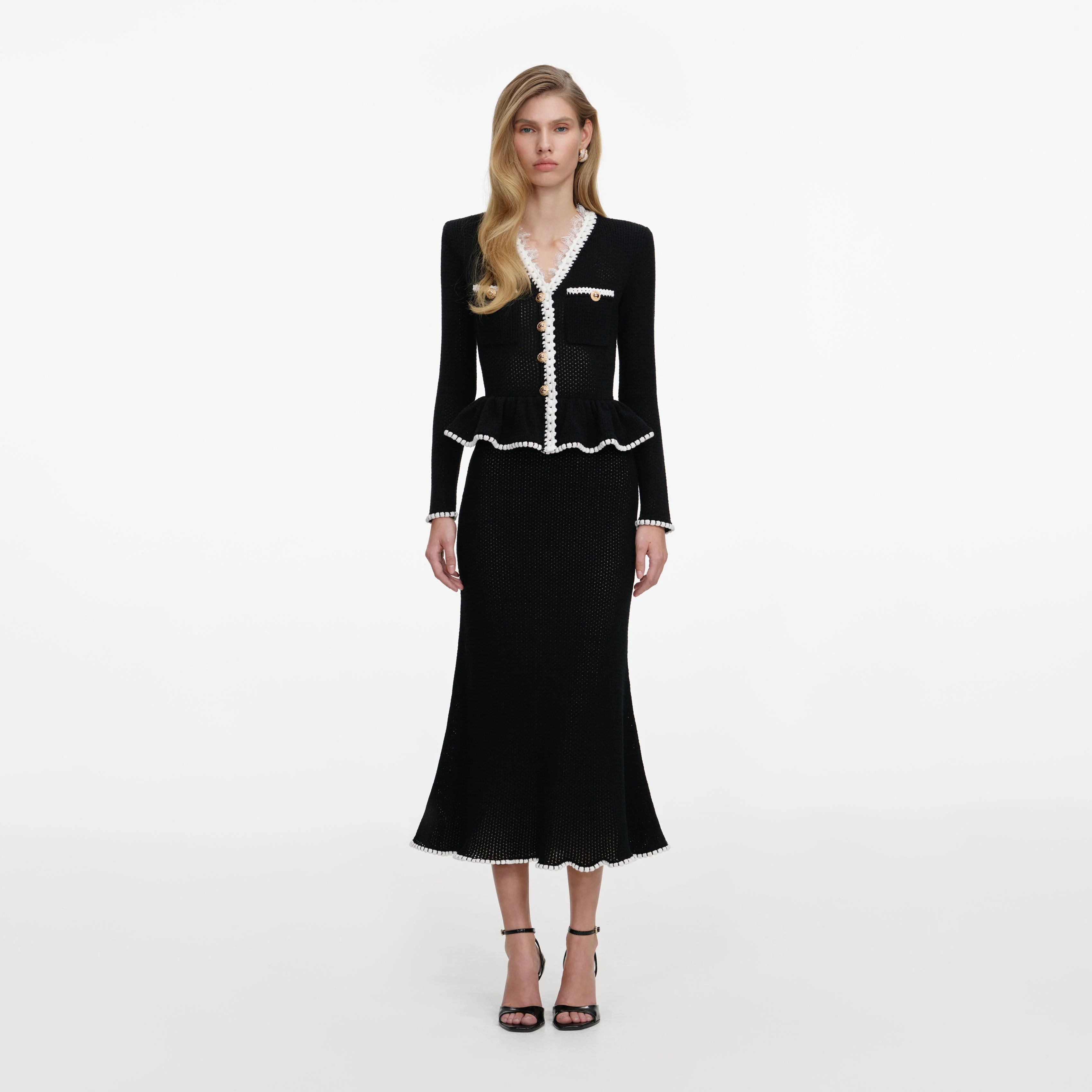 Black Lace Insert Peplum Knit Midi Dress