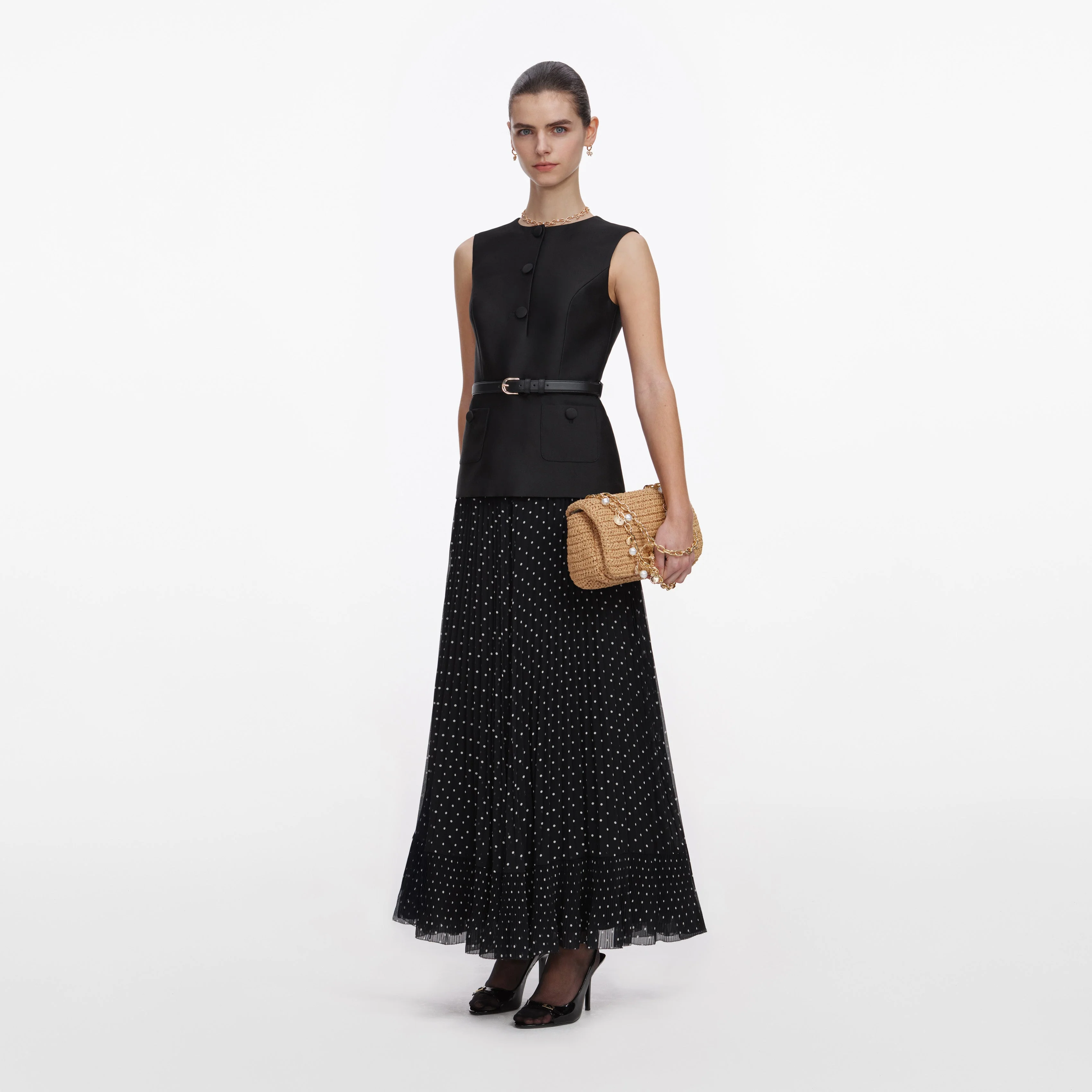 Black Taffeta Polka Dot Midi Dress - Image 2