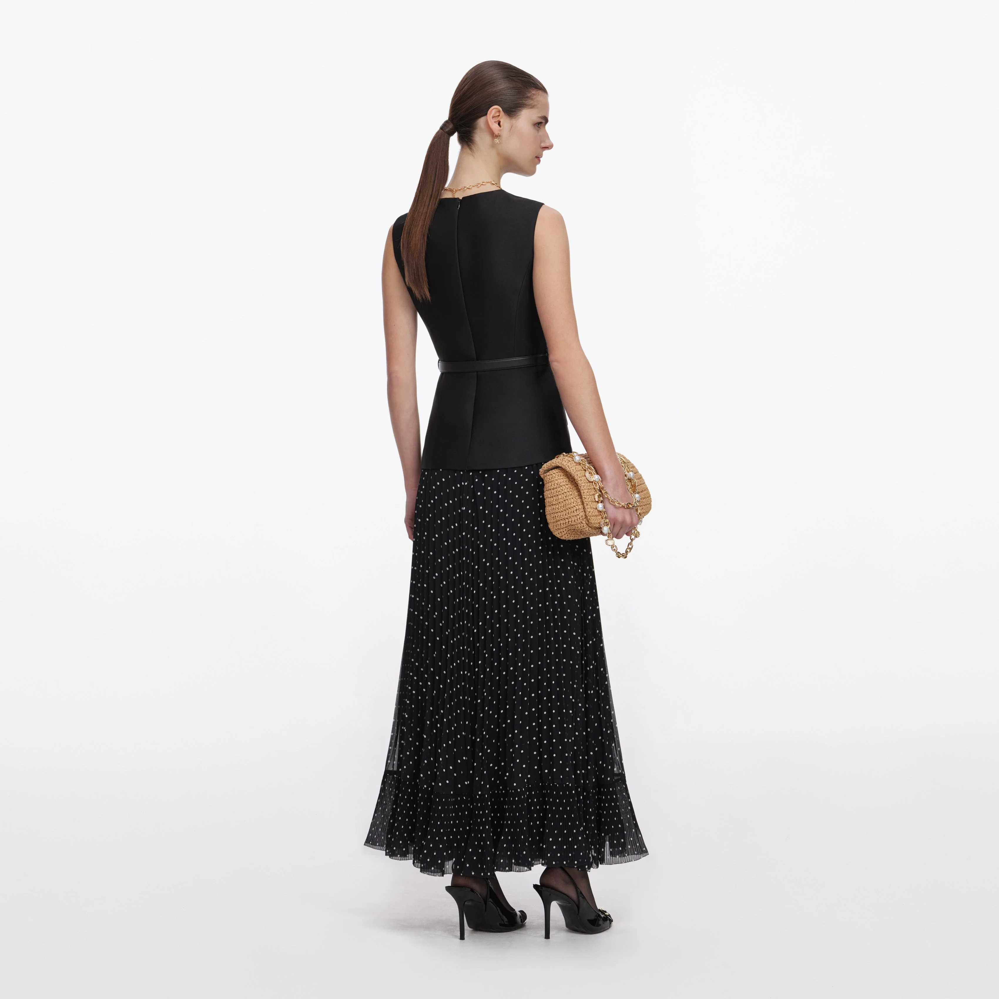 Black Taffeta Polka Dot Midi Dress - Image 3