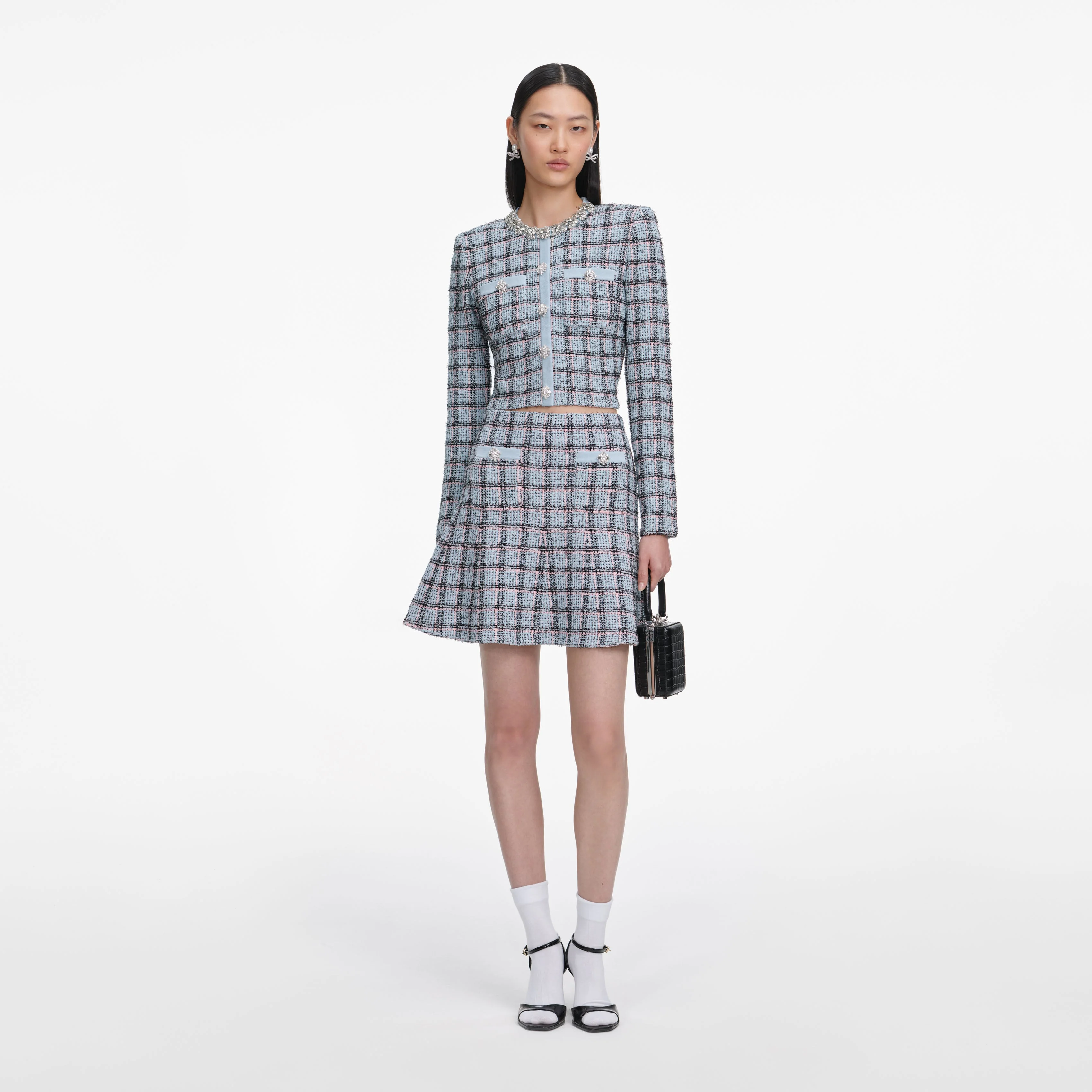 Blue Check Knit Mini Skirt