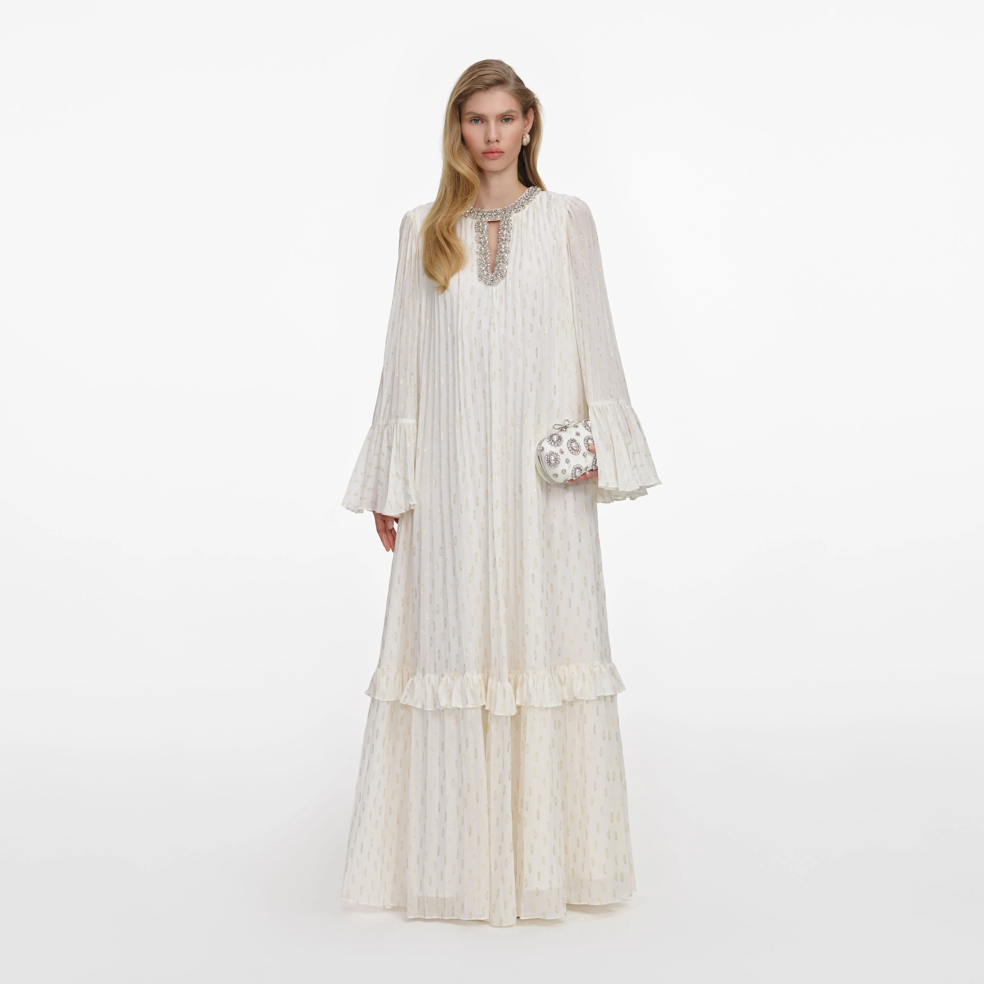 Cream And Gold Chiffon Maxi Dress
