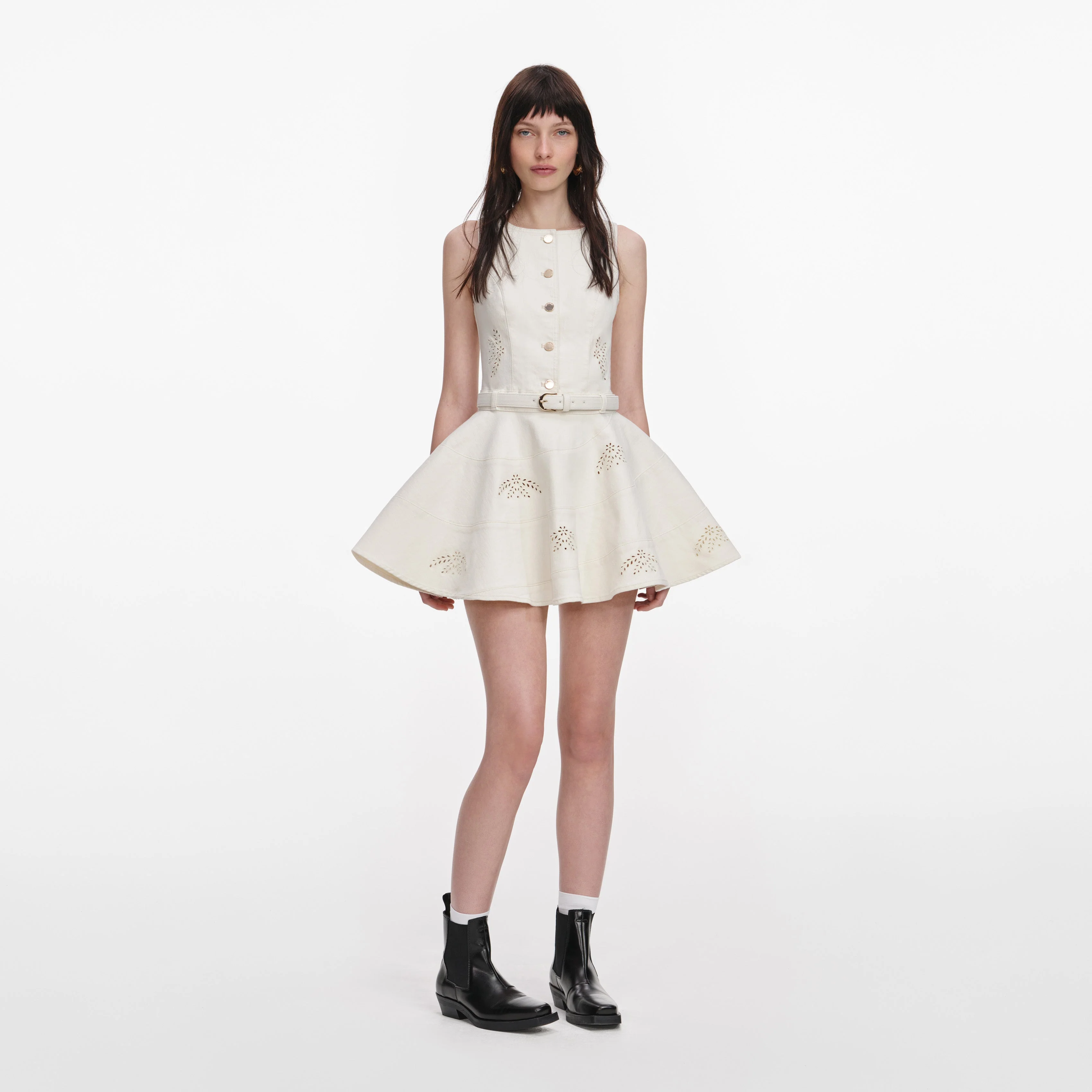 Cream Broderie Denim Sleeveless Mini Dress