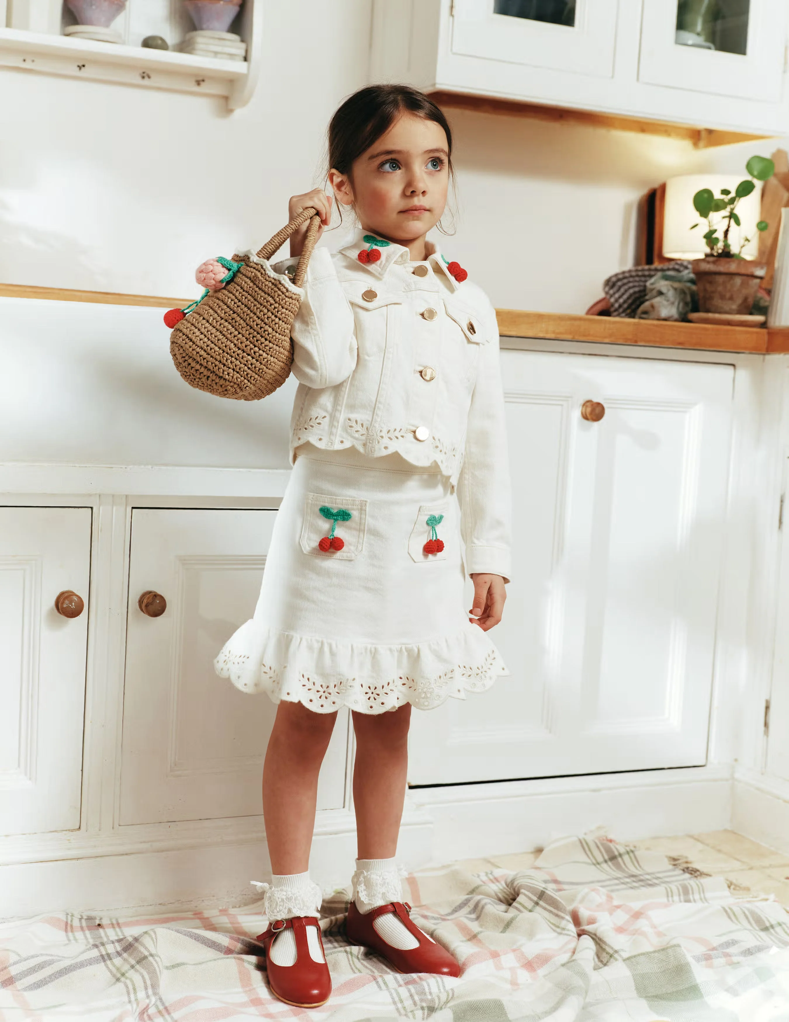Cream Denim Cherry Motif Skirt - Image 3