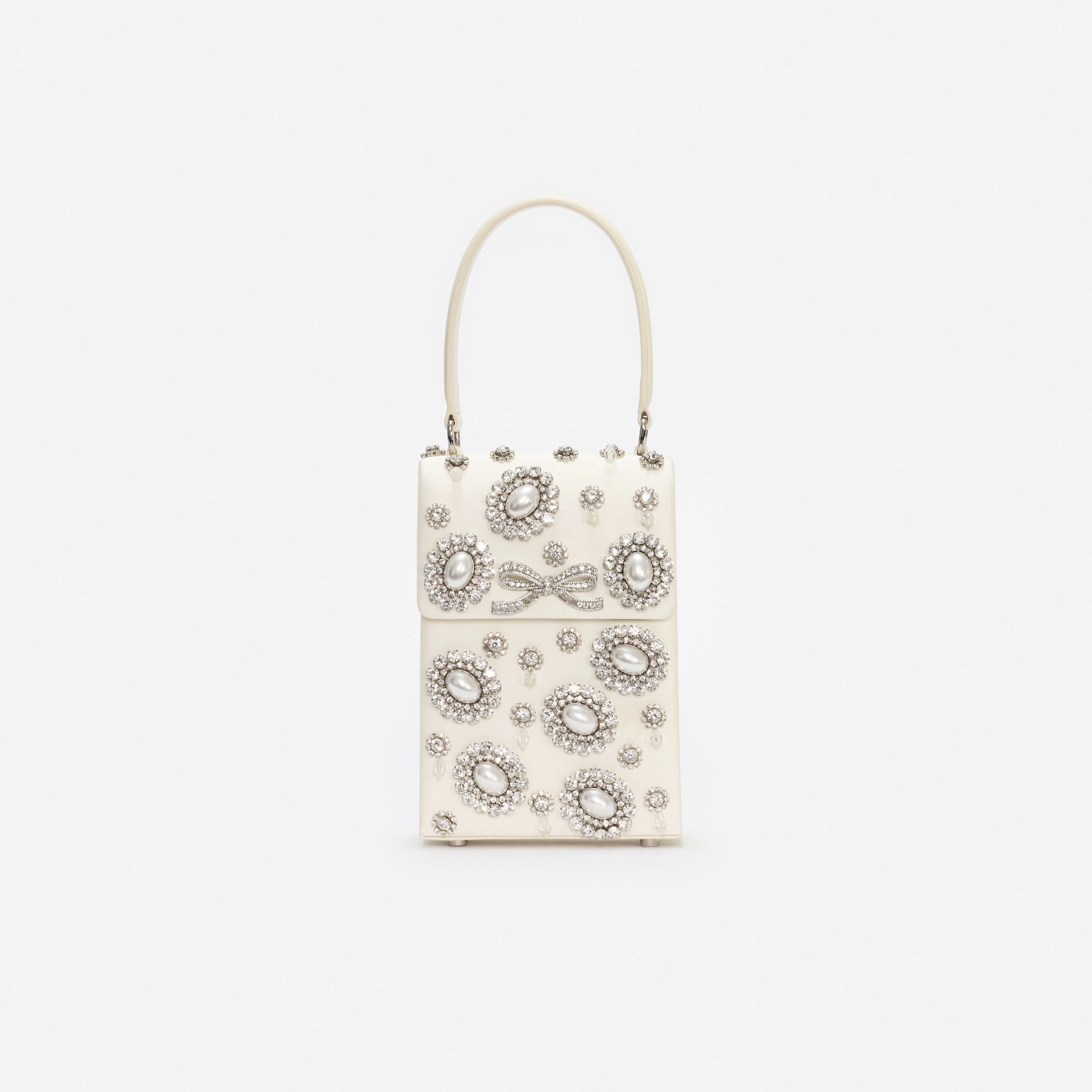 Cream Satin Crystal Mini Bow Bag