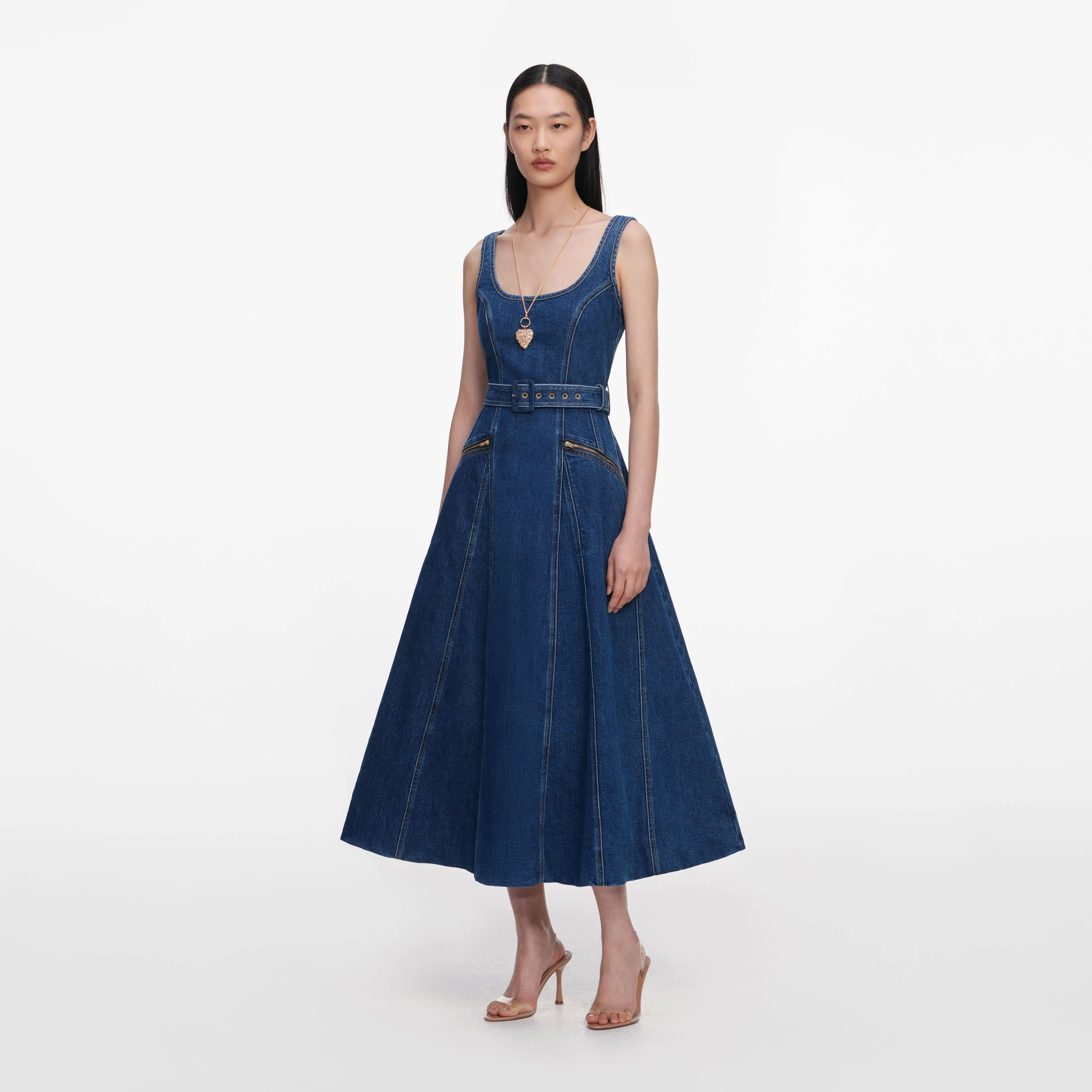 Denim Flared Belted Midi Dress - Image 2
