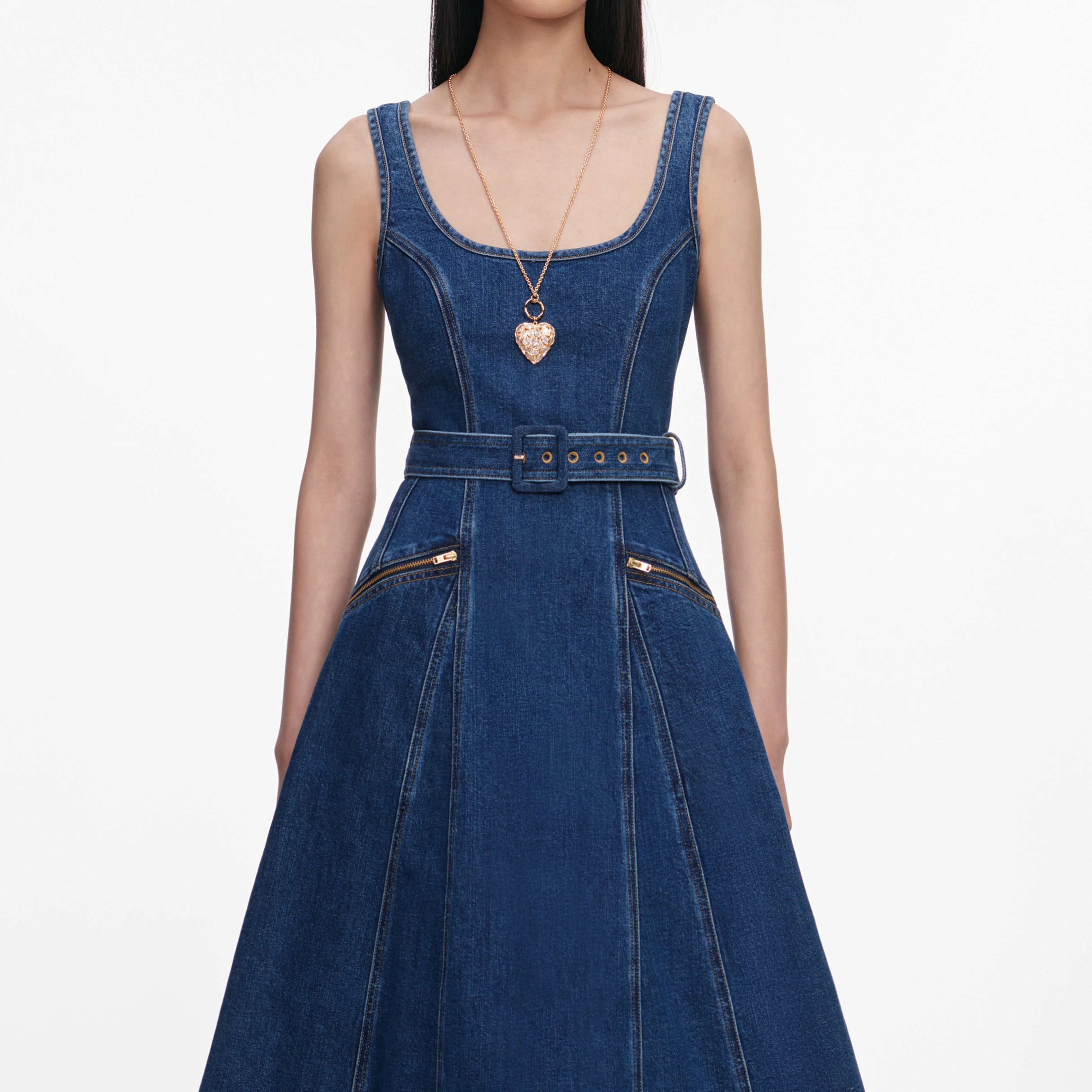 Denim Flared Belted Midi Dress - Image 4