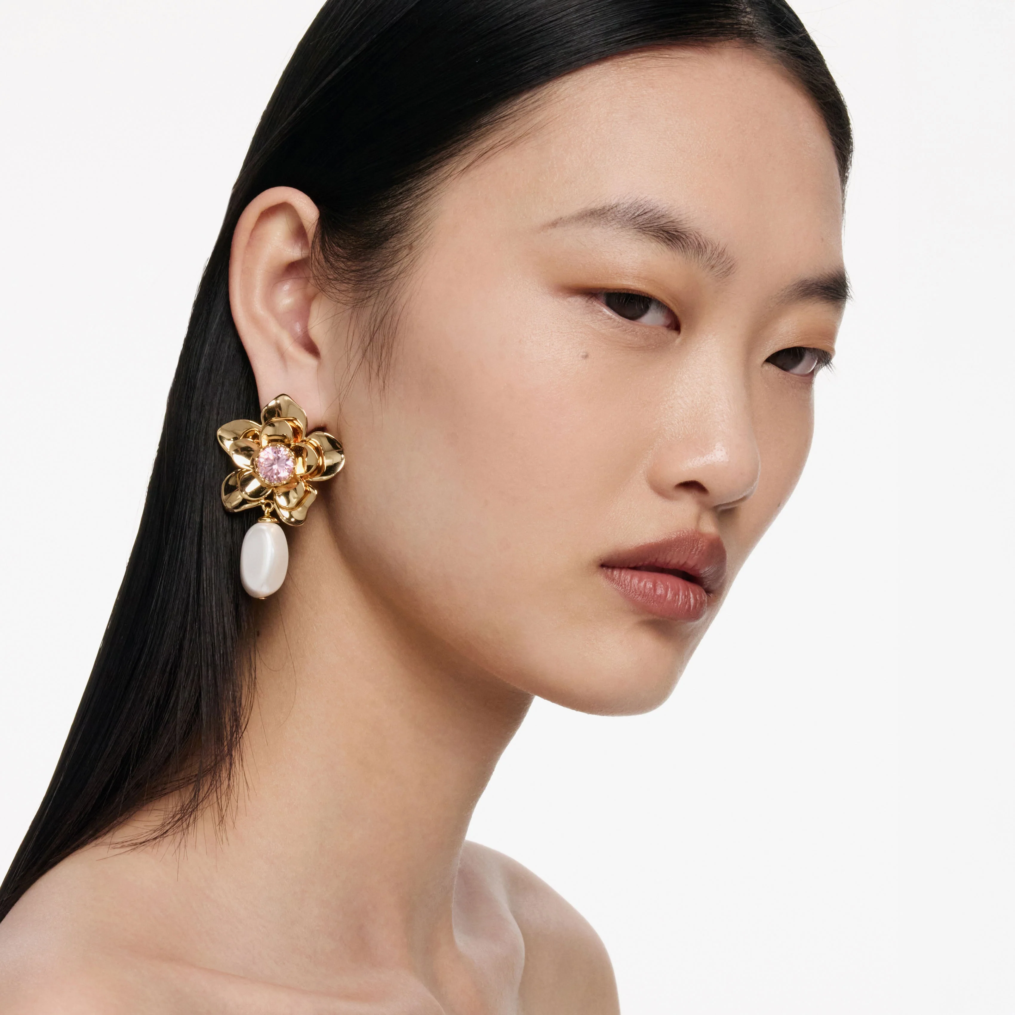 Gold Flower Pink Crystal Earrings - Image 2