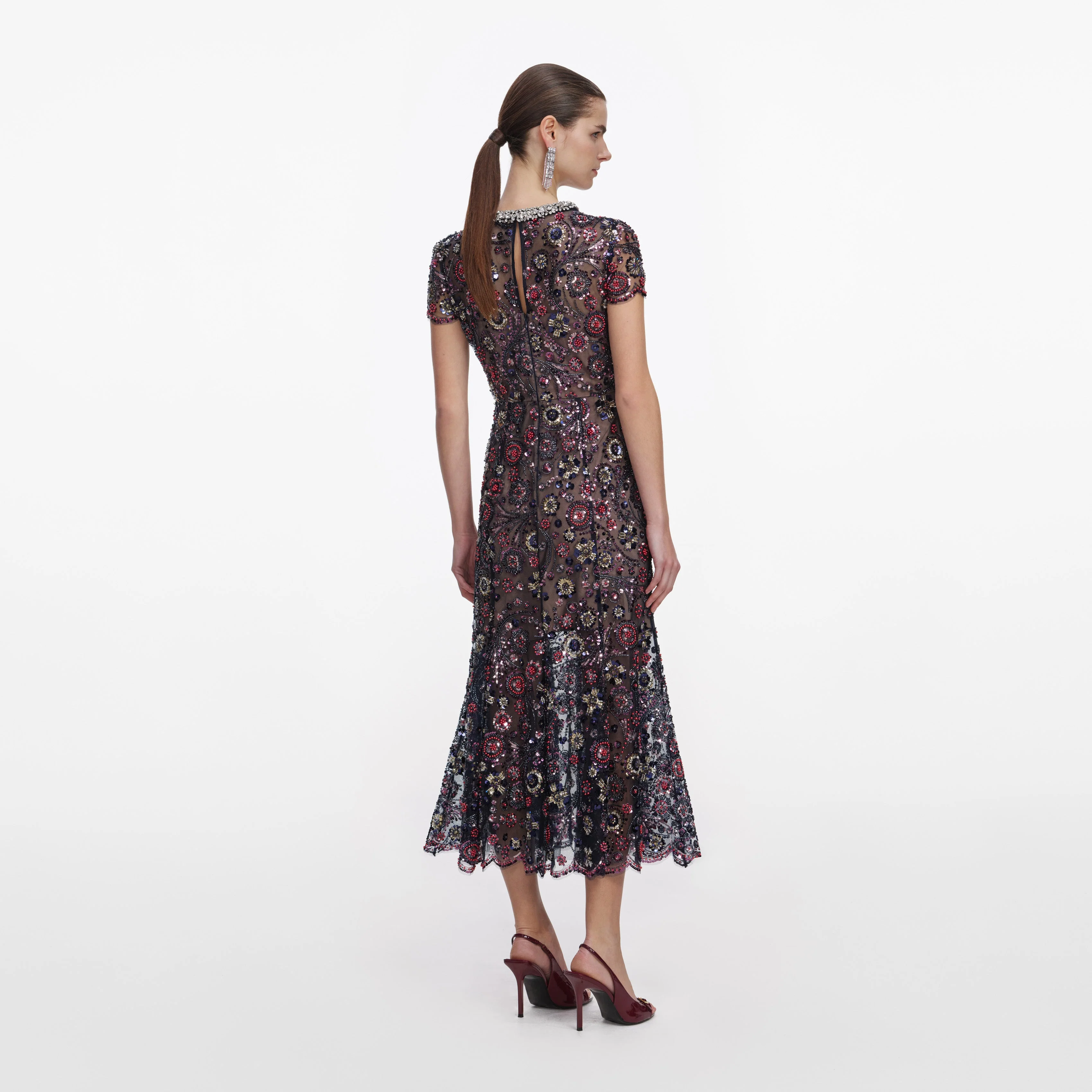 Navy Floral Sequin Midi Dress - Image 3