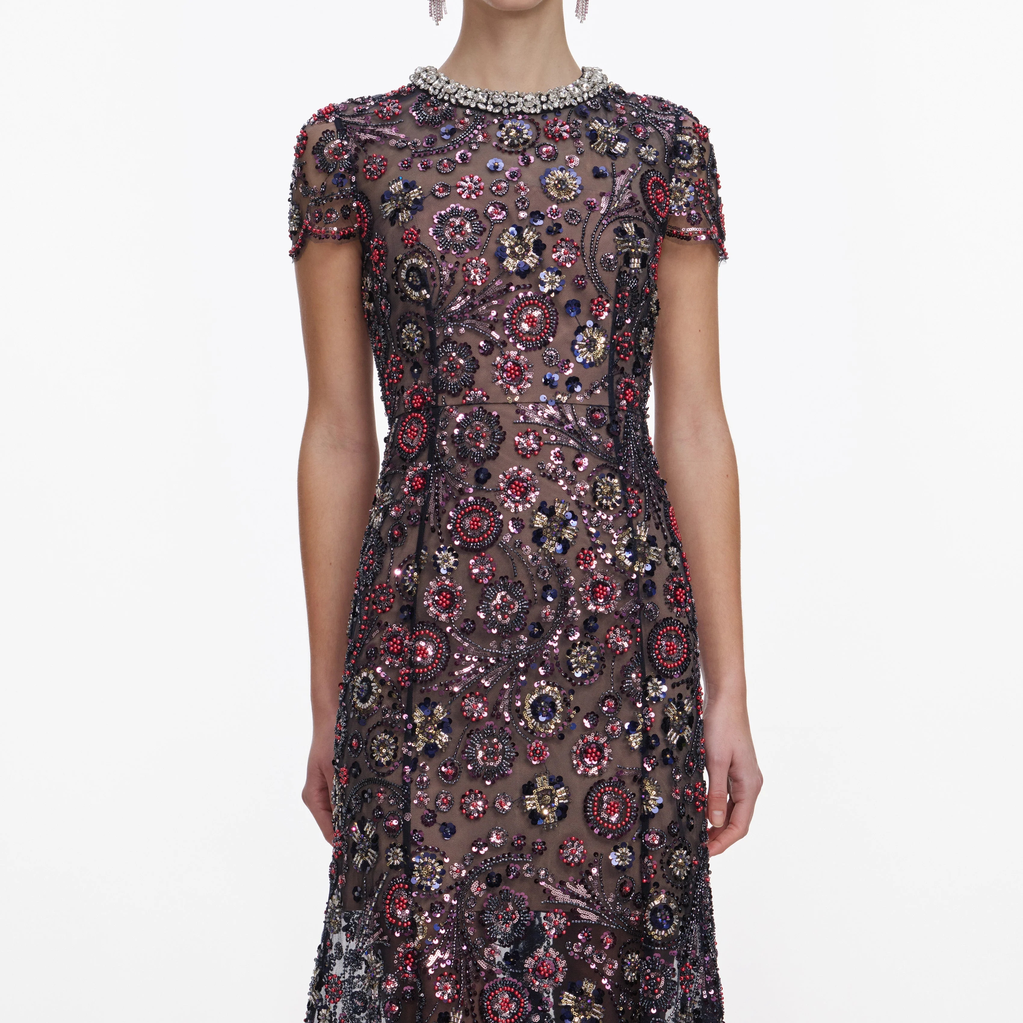 Navy Floral Sequin Midi Dress - Image 4