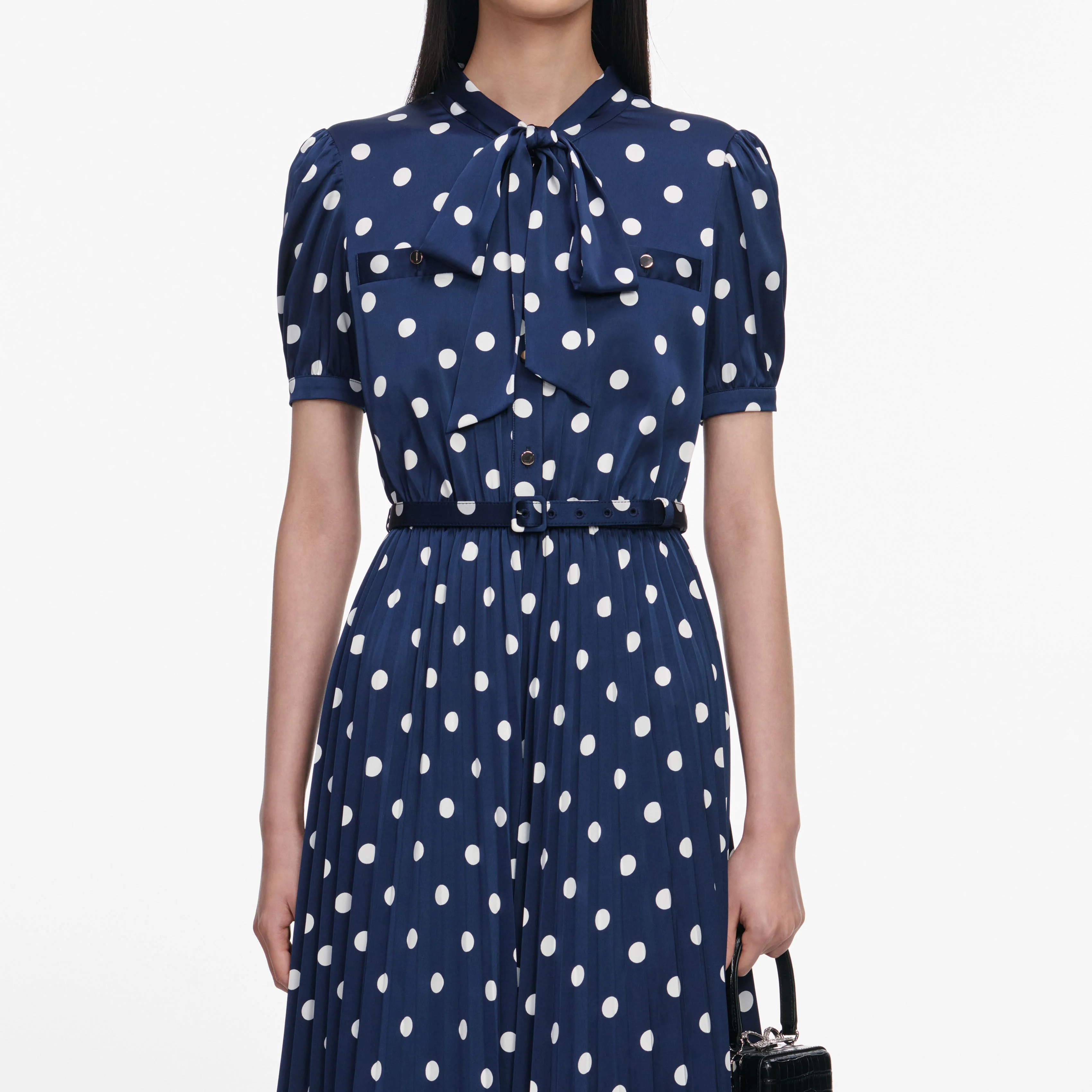 Navy Polka Dot Satin Midi Dress - Image 4