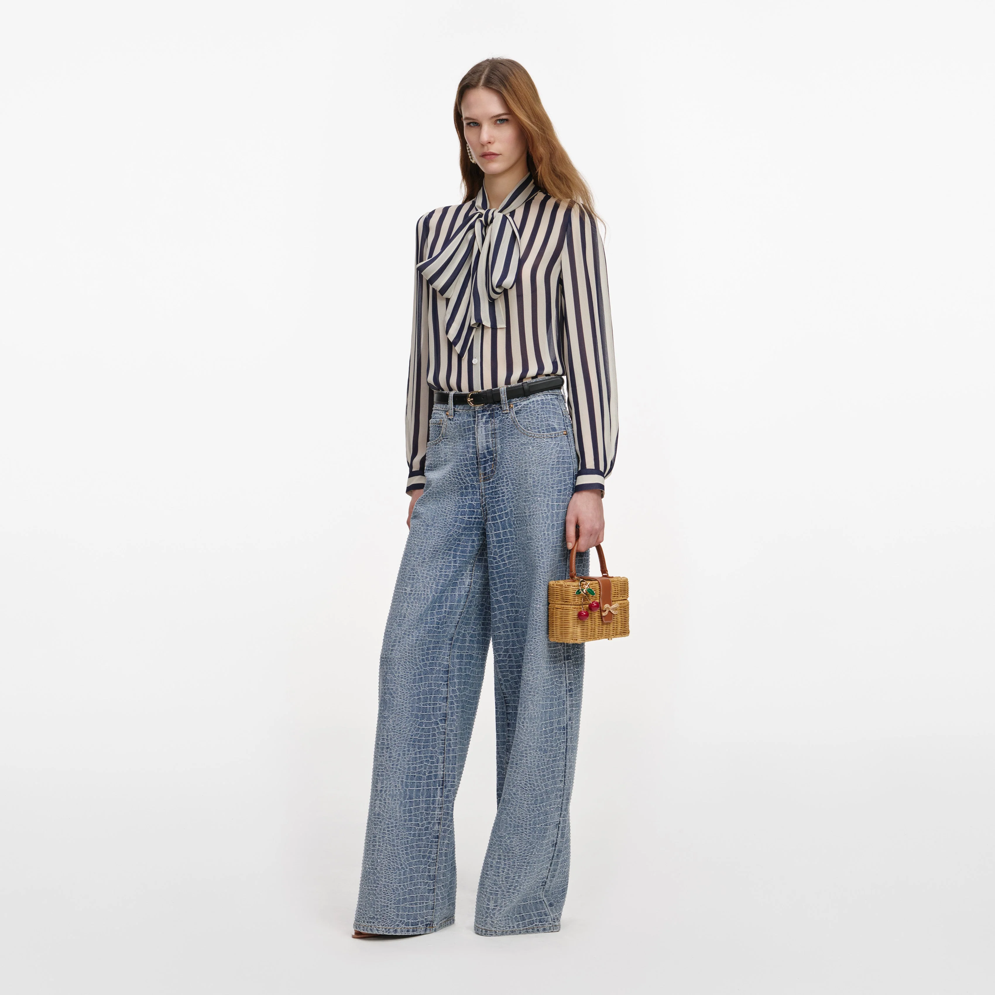 Navy Stripe Tie Neck Blouse - Image 2