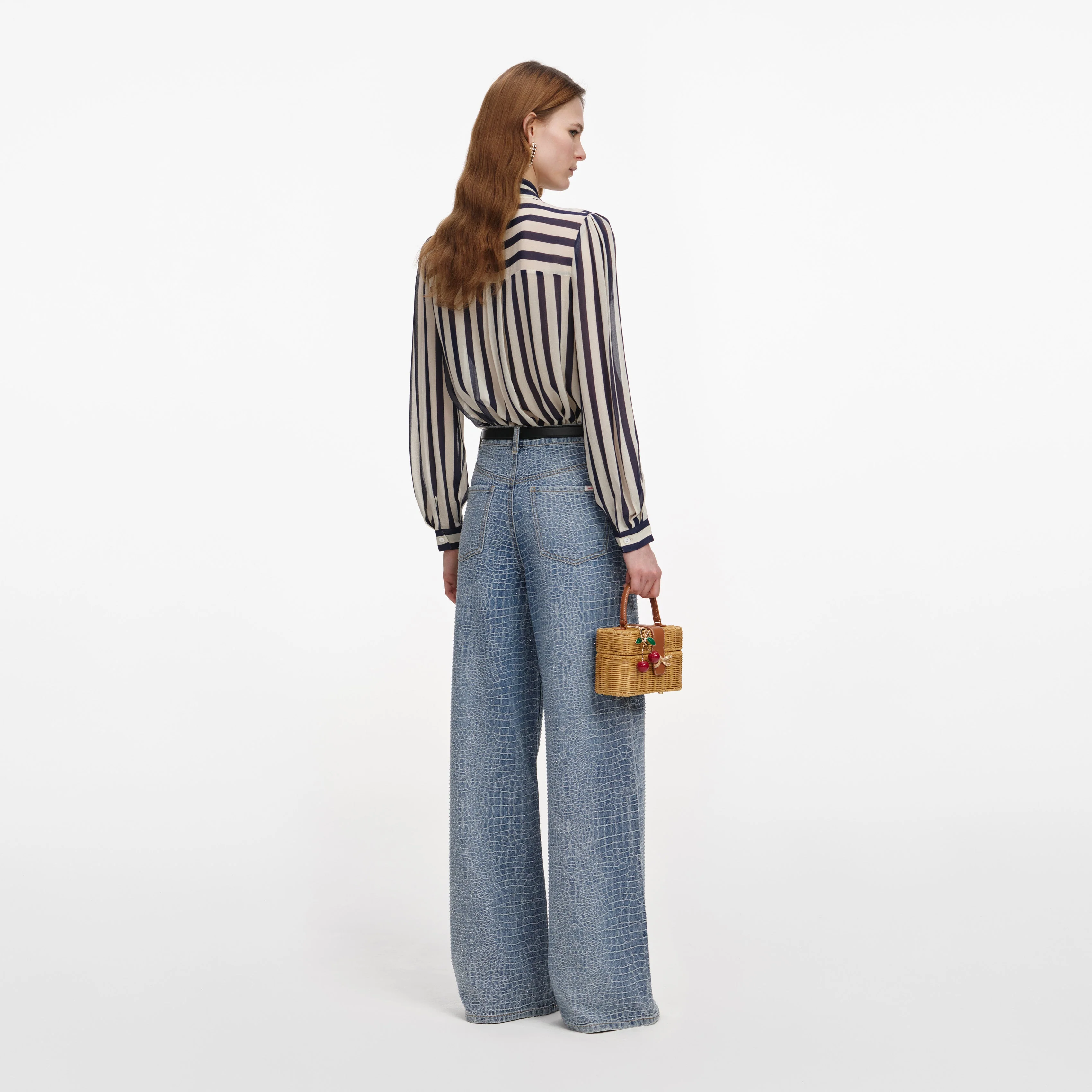 Navy Stripe Tie Neck Blouse - Image 3