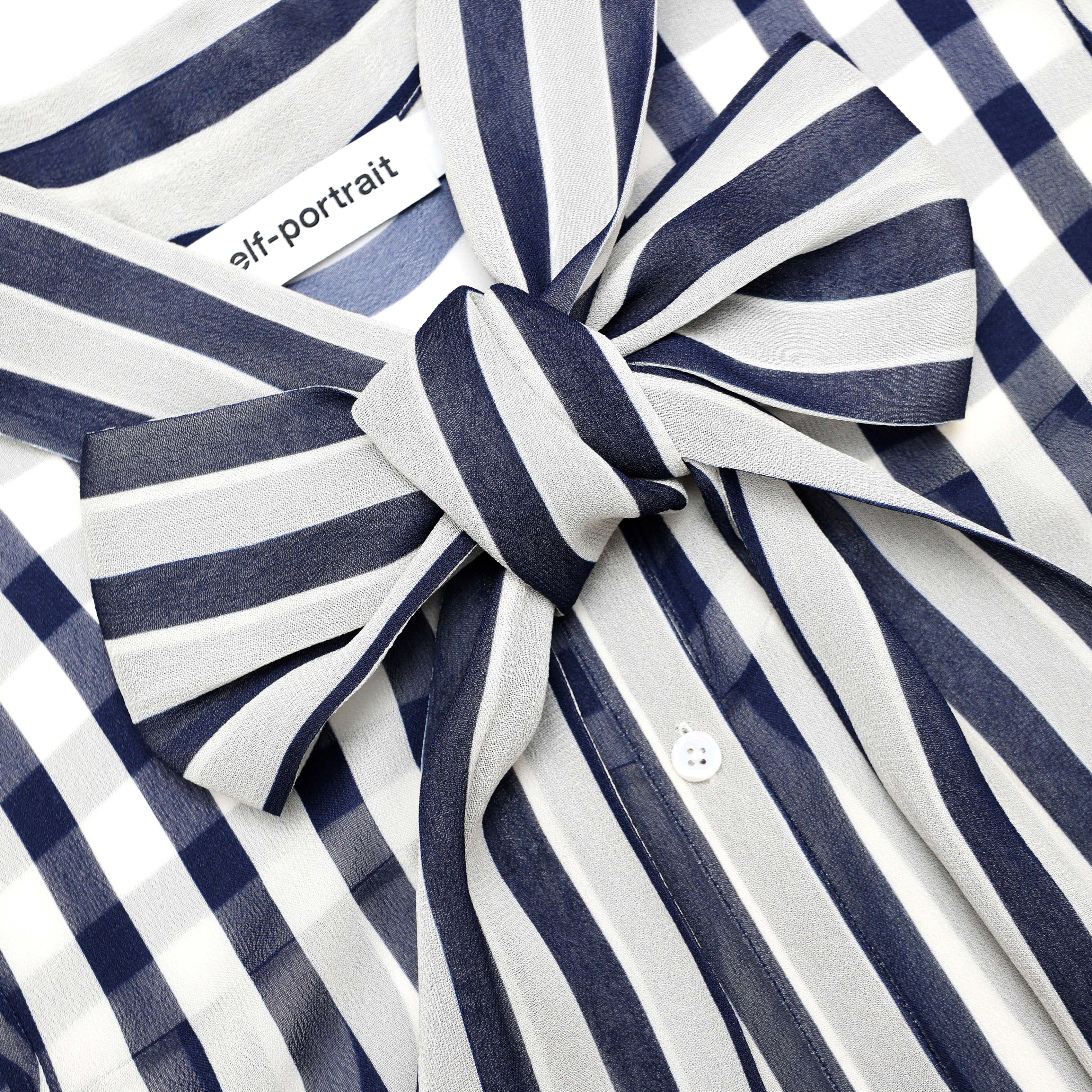 Navy Stripe Tie Neck Blouse - Image 5