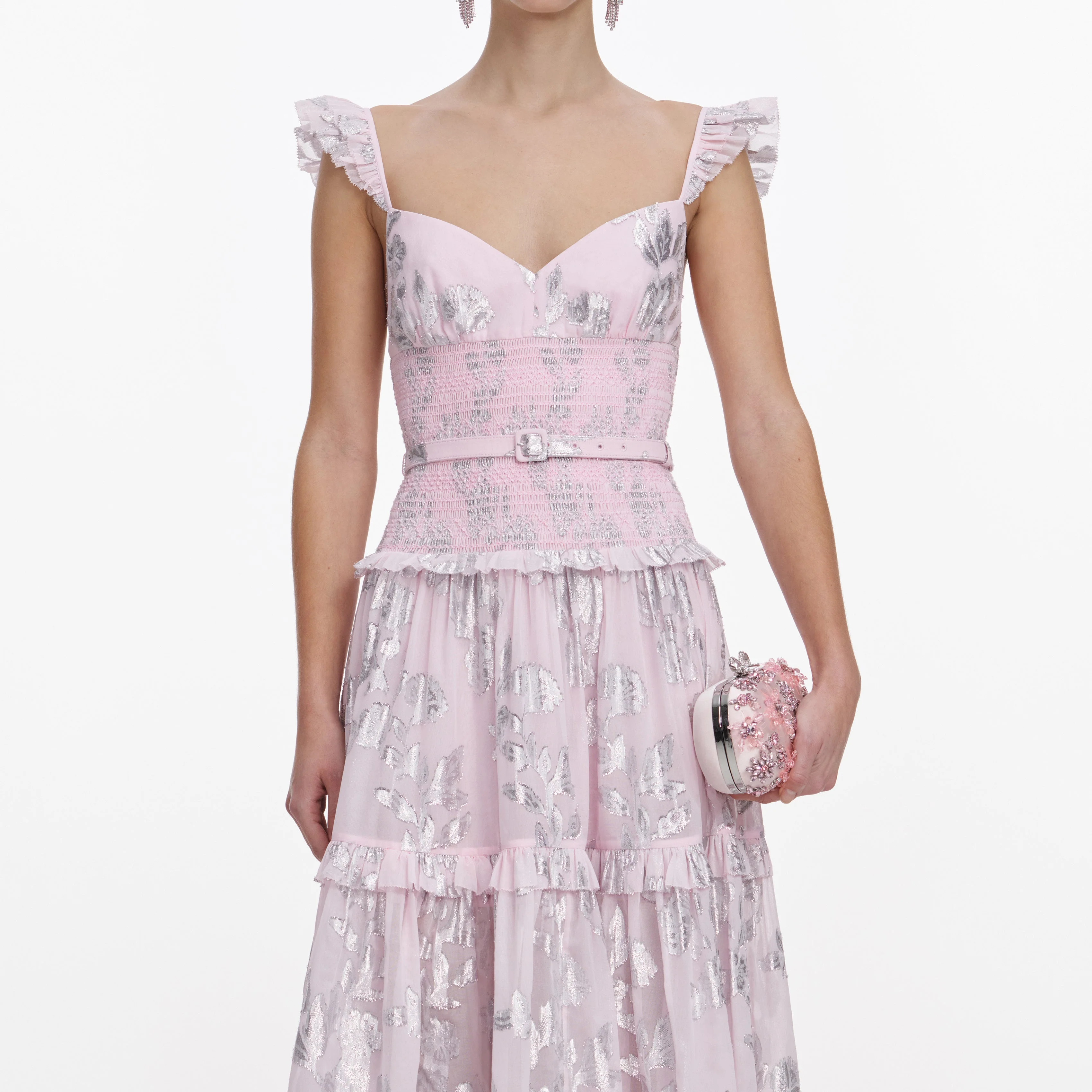 Pink Metallic Chiffon Flower Maxi Dress - Image 4