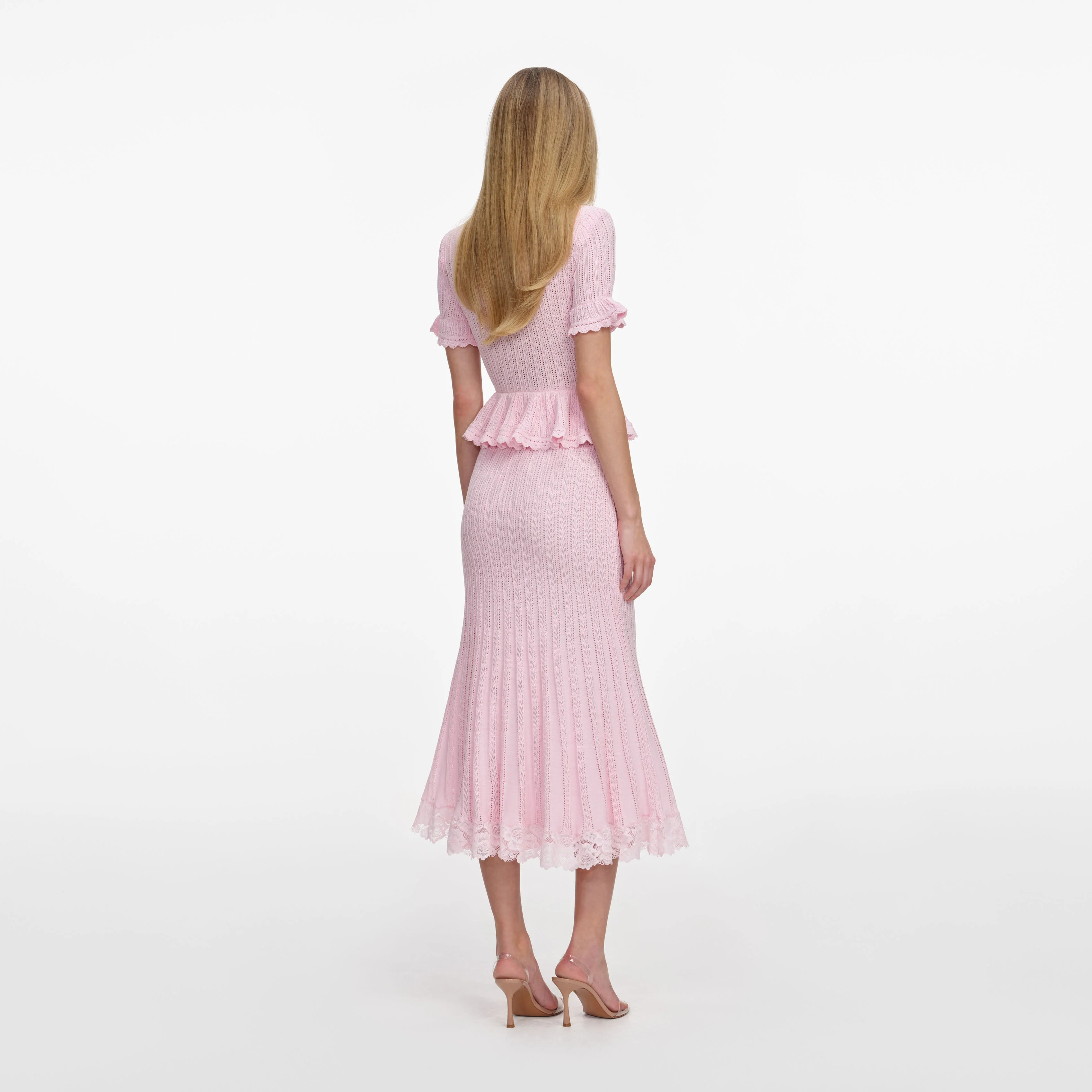 Pink Pointelle Peplum Knit Midi Dress - Image 3