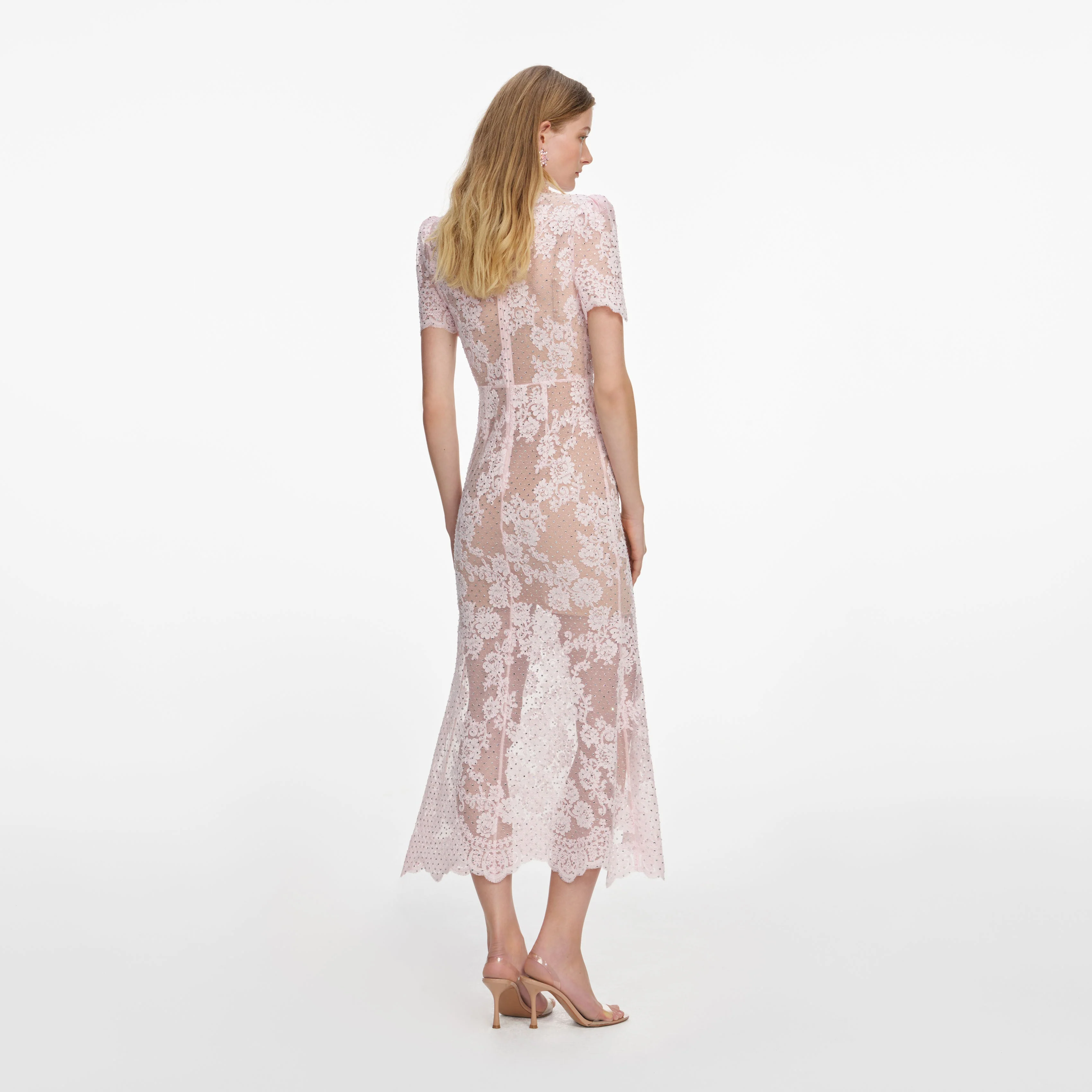 Pink Rhinestone Lace Midi Dress - Image 3