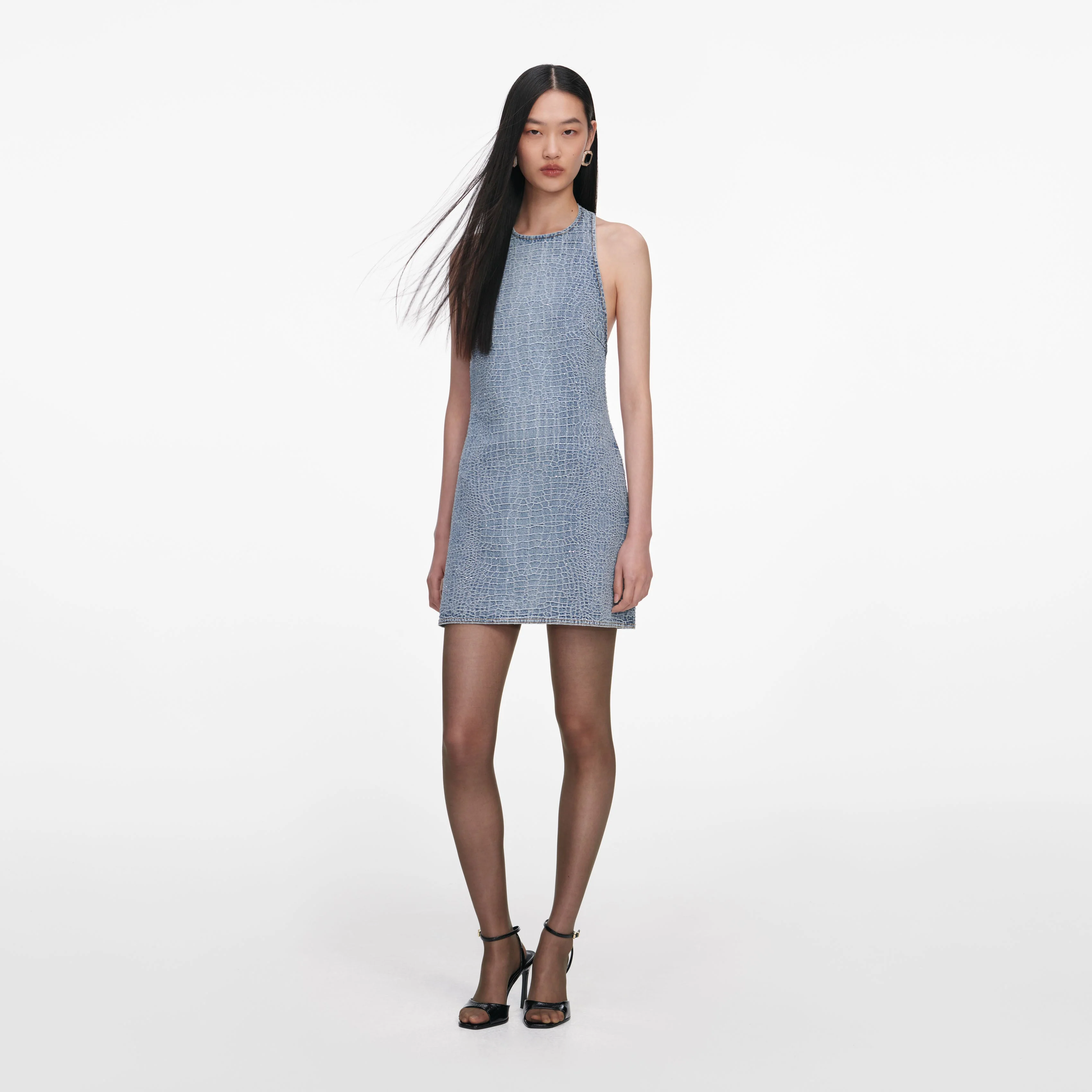 Rhinestone Croc Effect Denim Mini Dress - Image 2