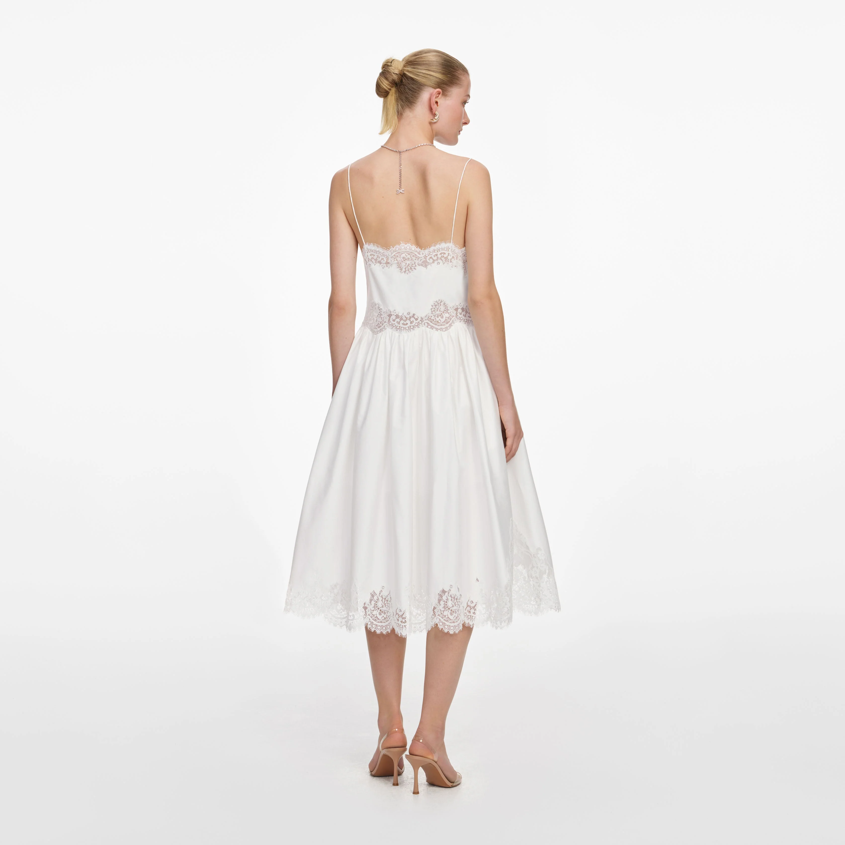 White Cotton Lace Trim Midi Dress - Image 3