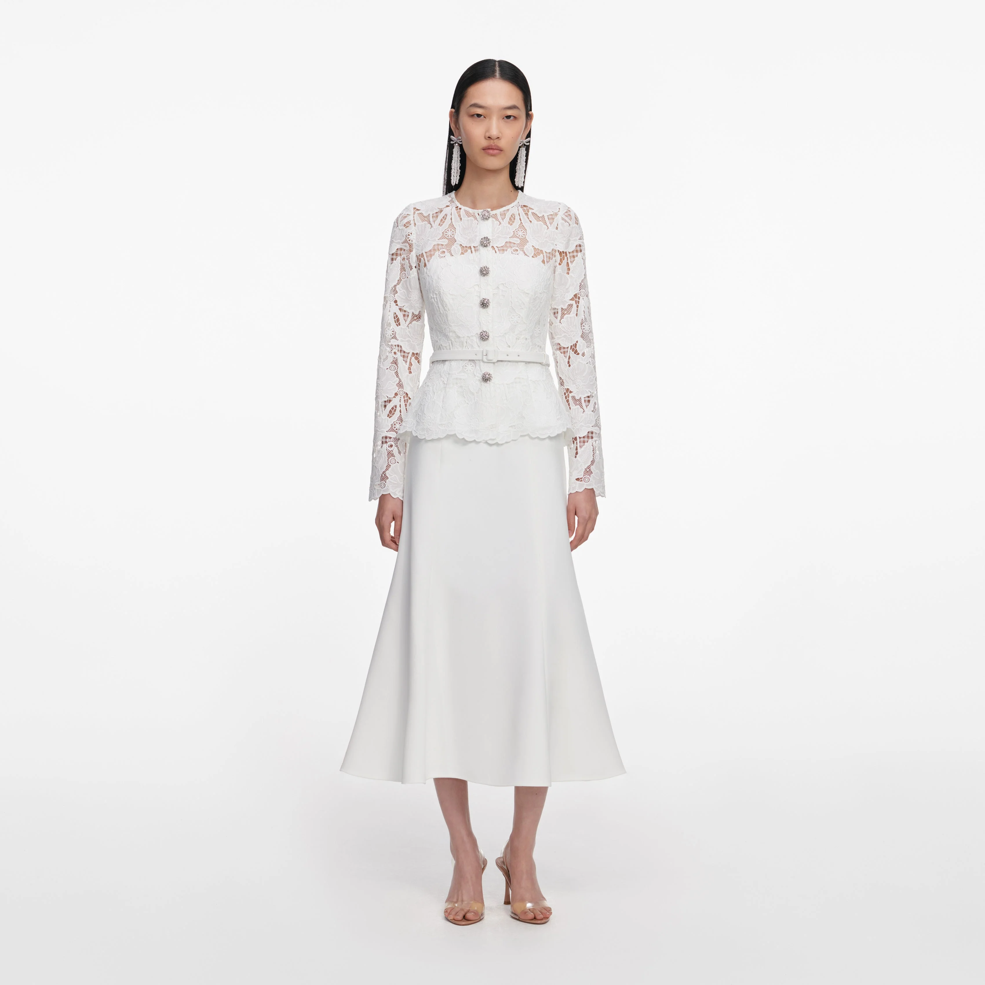 White Lace Crepe Midi Dress