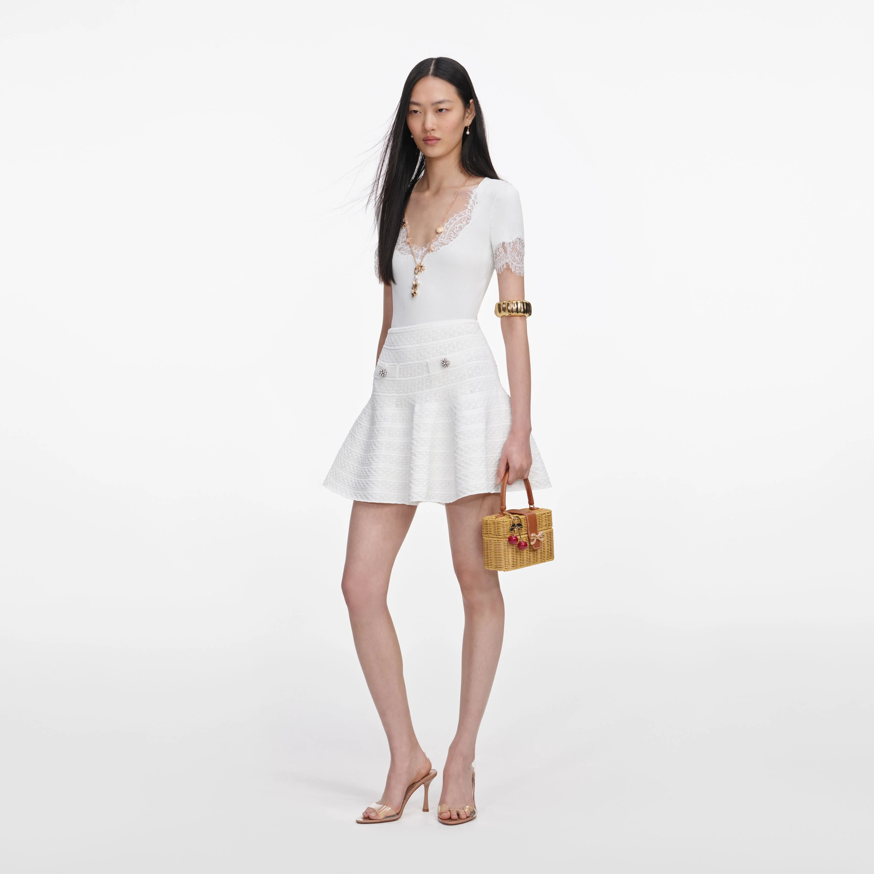 White Pointelle Knit Mini Skirt - Image 3