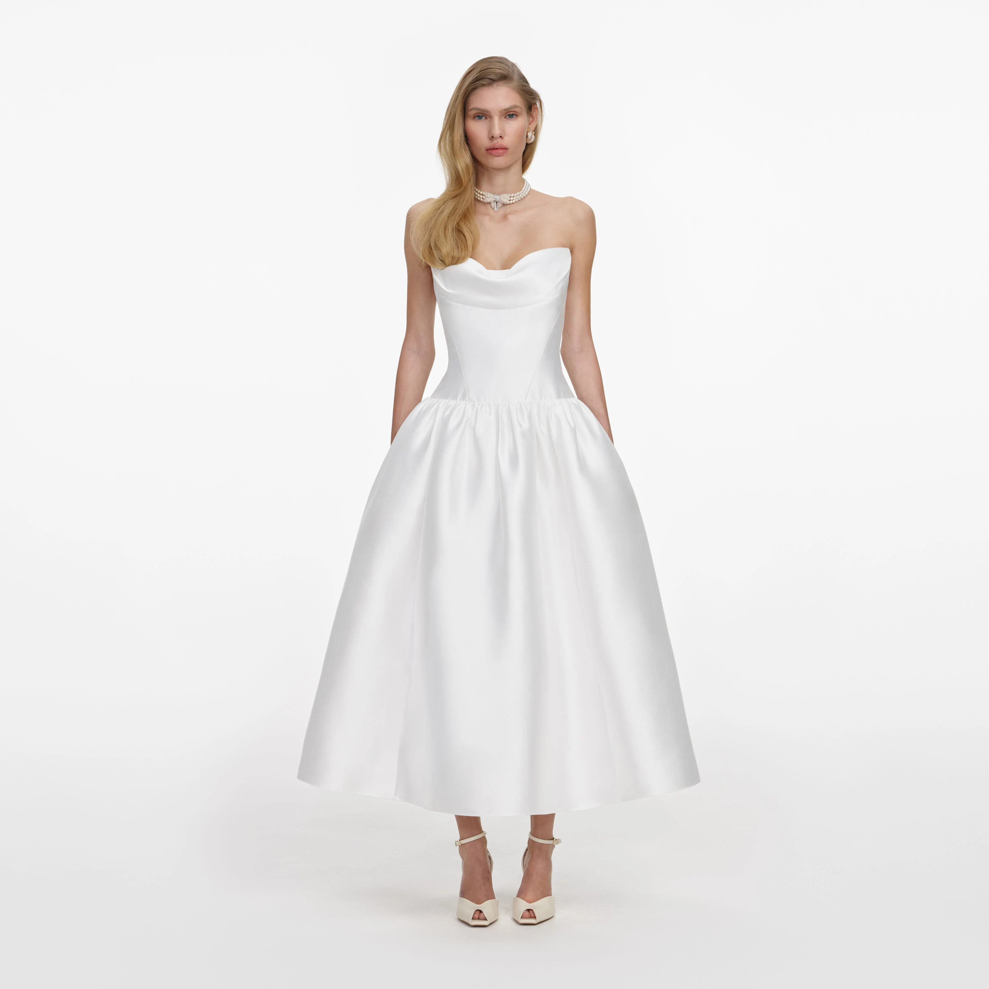 White Taffeta Strapless Midi Dress