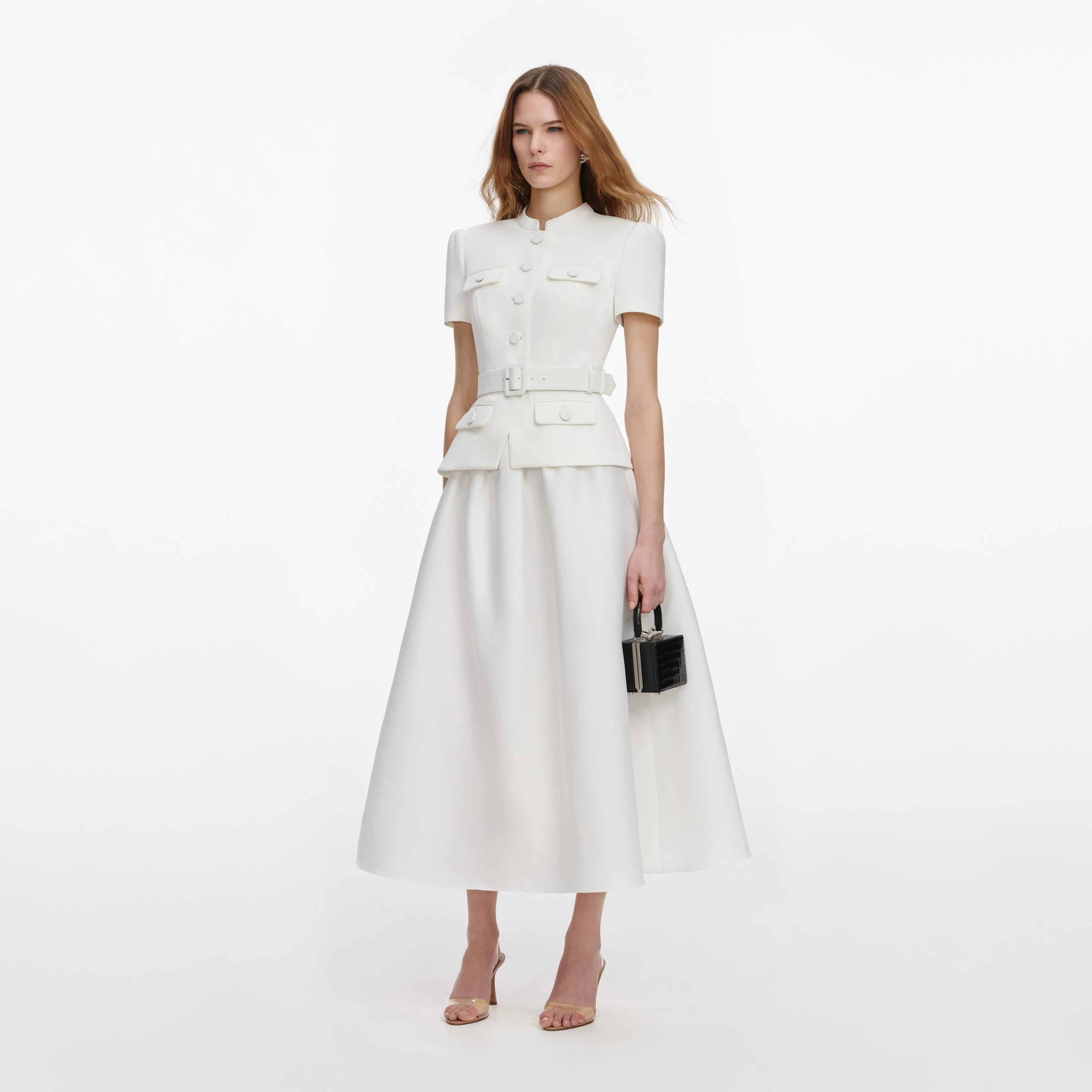 White Tailored Taffeta Midi Dress - Image 2
