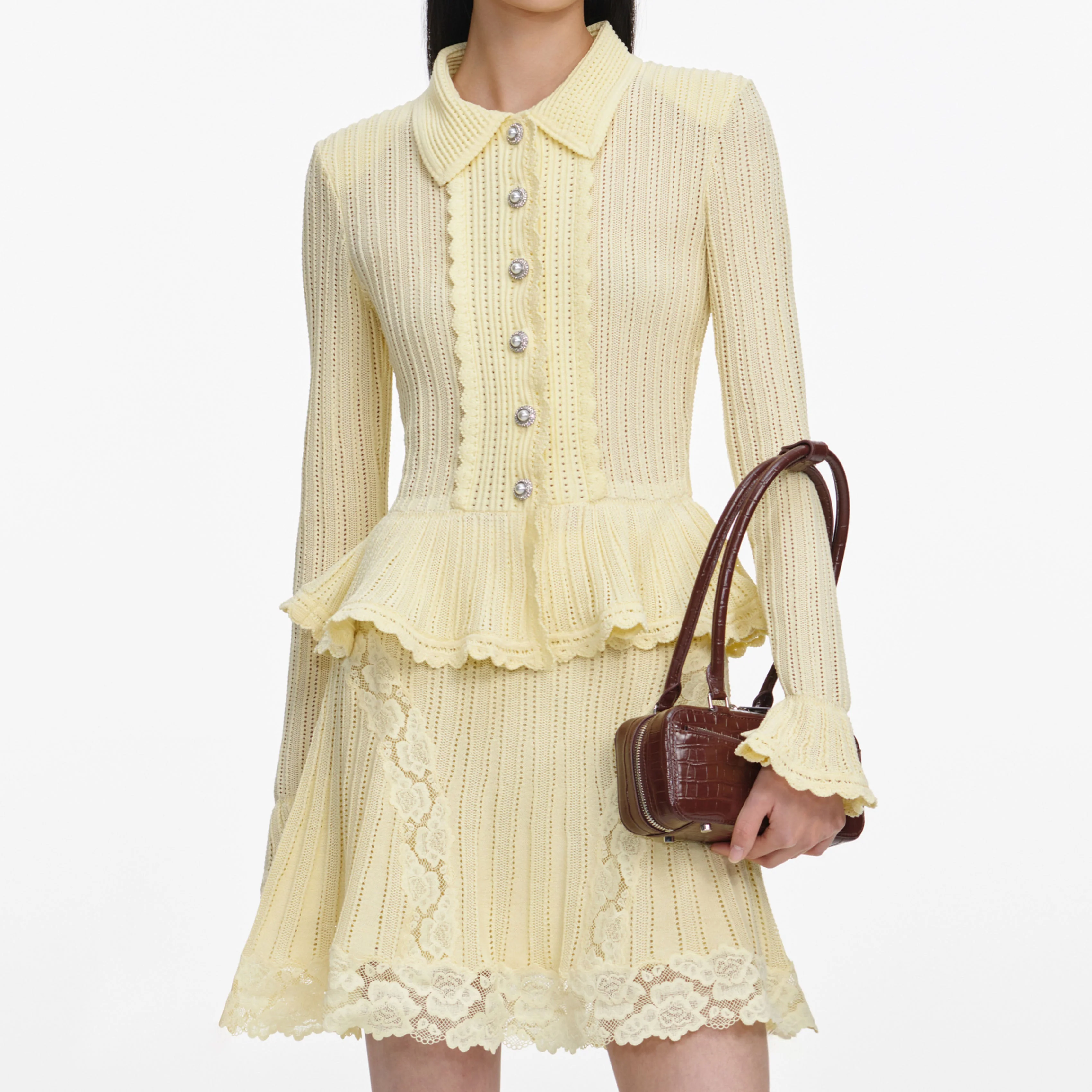 Yellow Pointelle Peplum Knit Mini Dress - Image 4