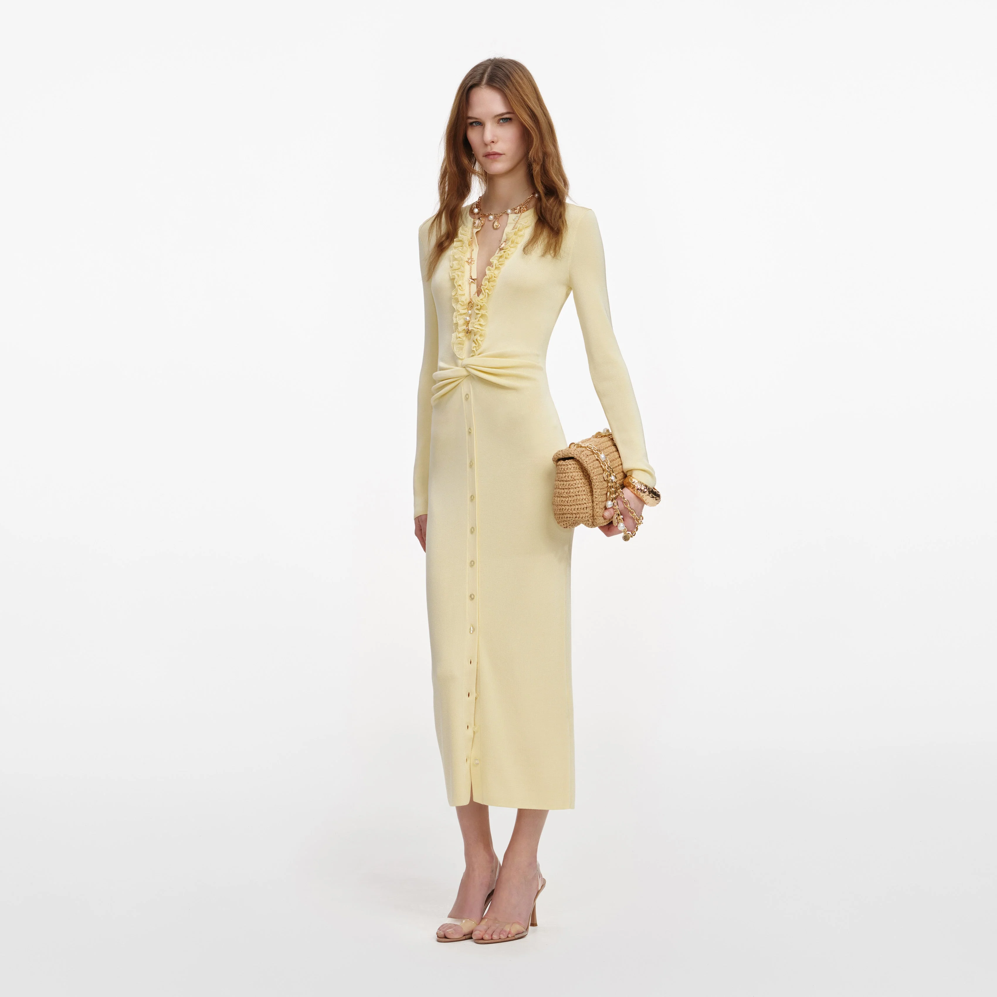 Yellow Viscose Knit Ruffle Midi Dress - Image 2